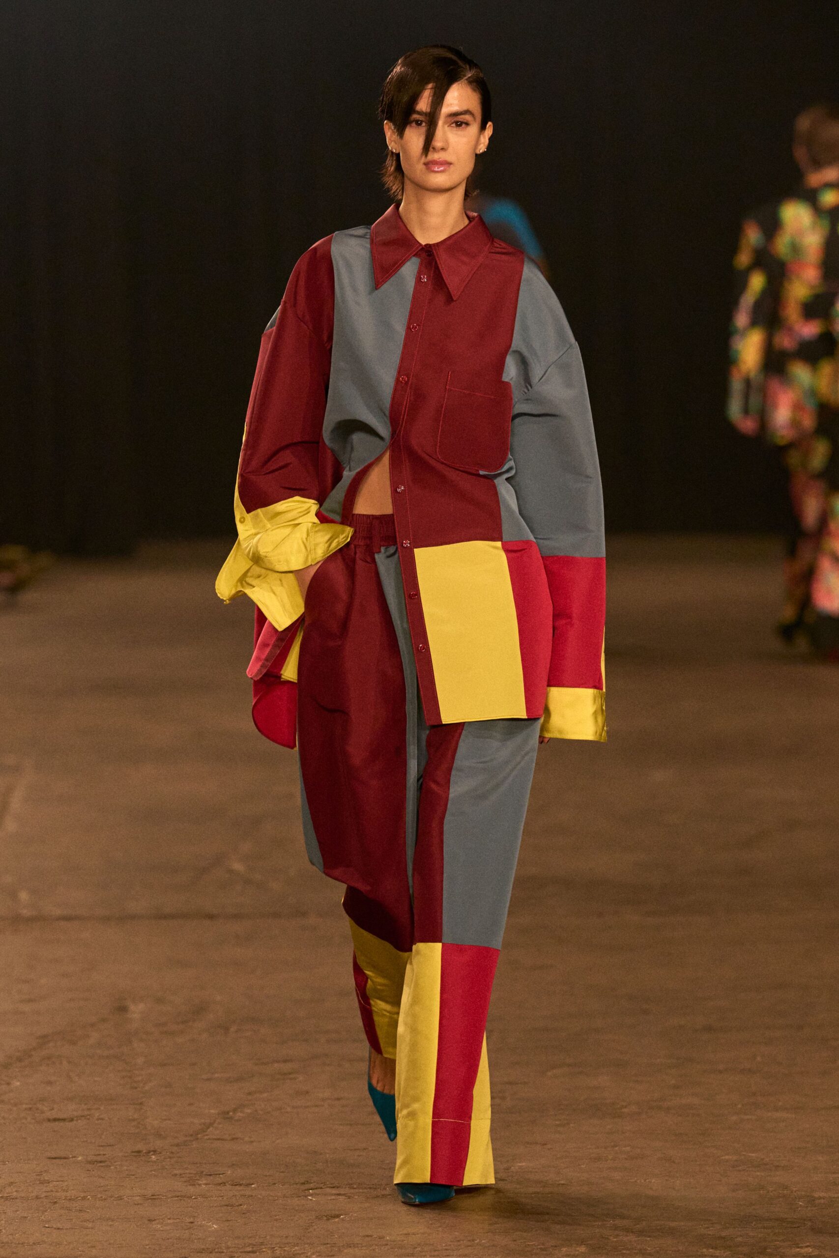 color-blocked shirt and pants