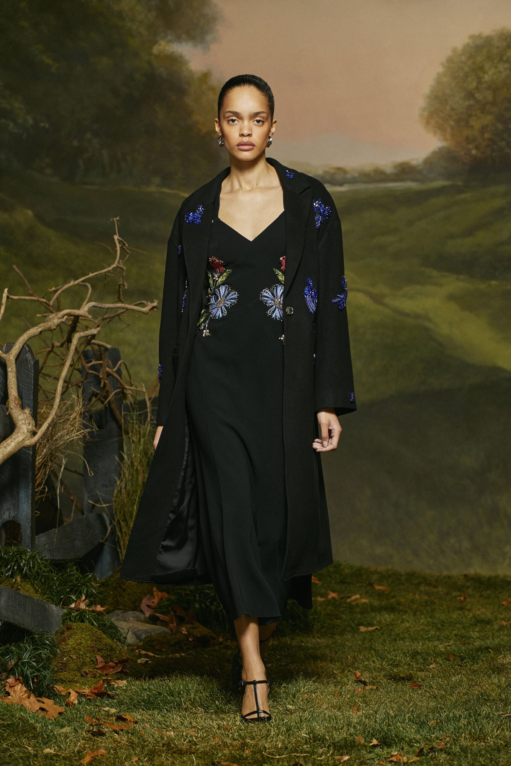 black embroidered midi dress with coat