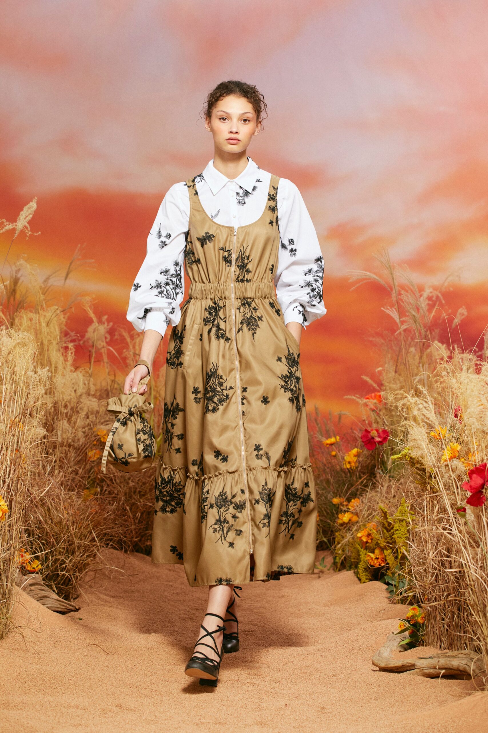 beige silk sleeveless collared fitted floral tiered dress