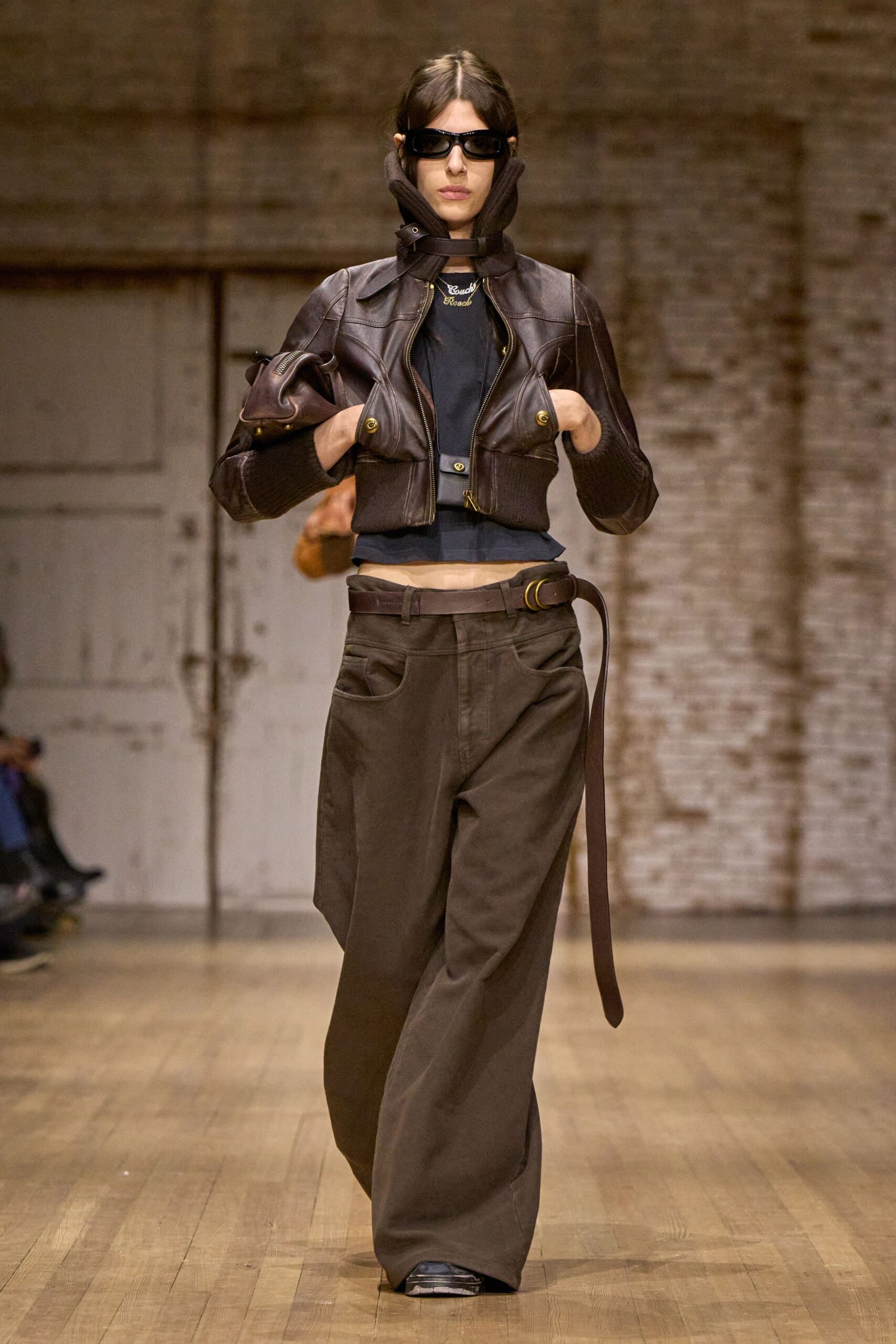 brown leather fitted jacket with black top