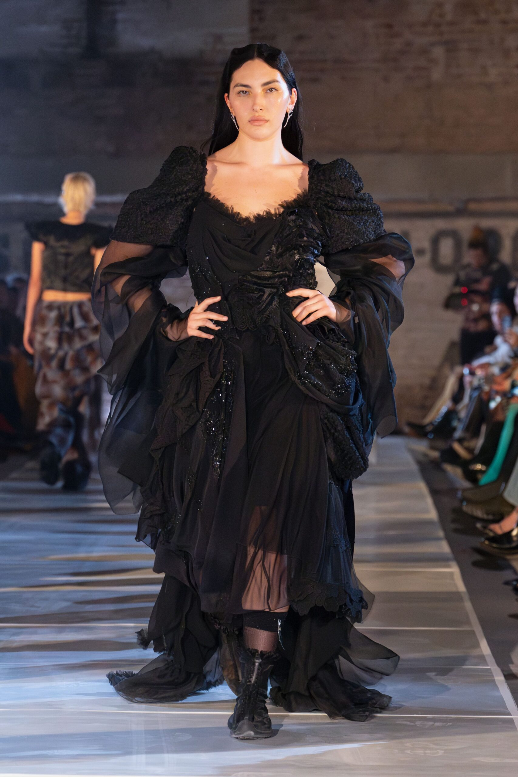 black silk long-sleeve off-shoulder fitted ruffled layered gown