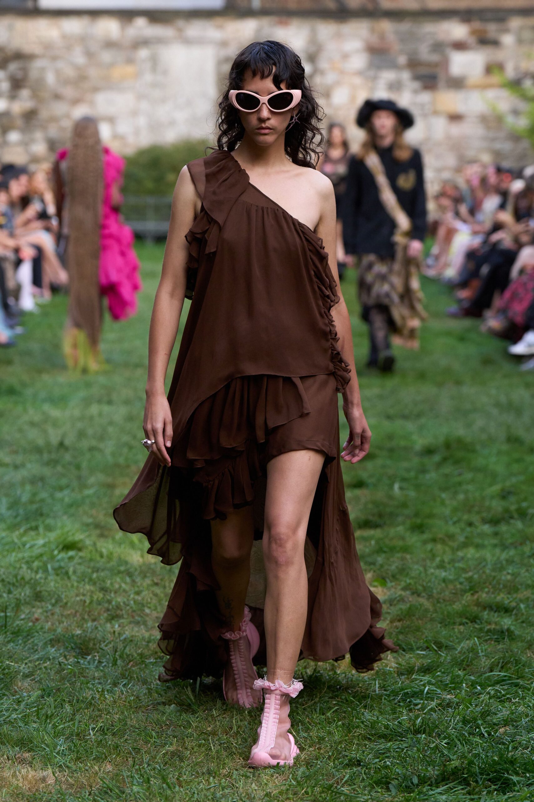 brown silk sleeveless asymmetric fitted ruffled tiered dress