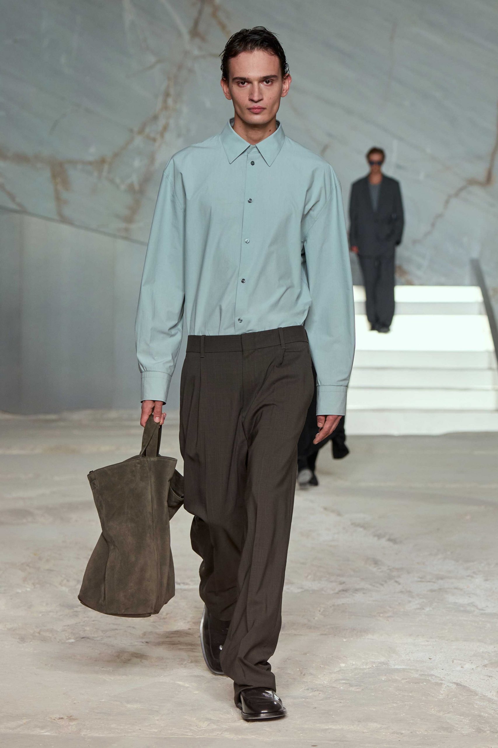 blue cotton shirt gray tailored pants