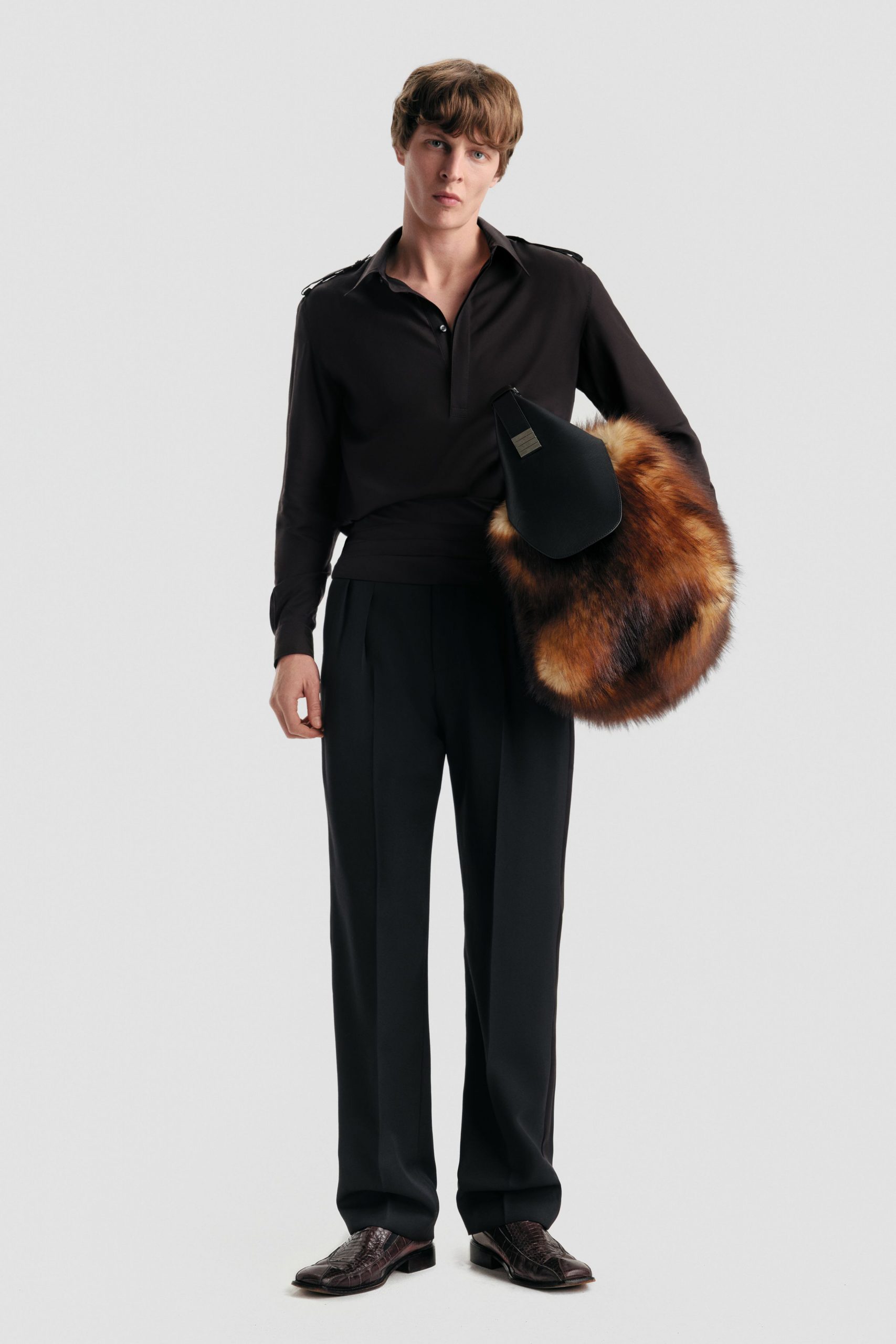 black fitted shirt and tailored pants