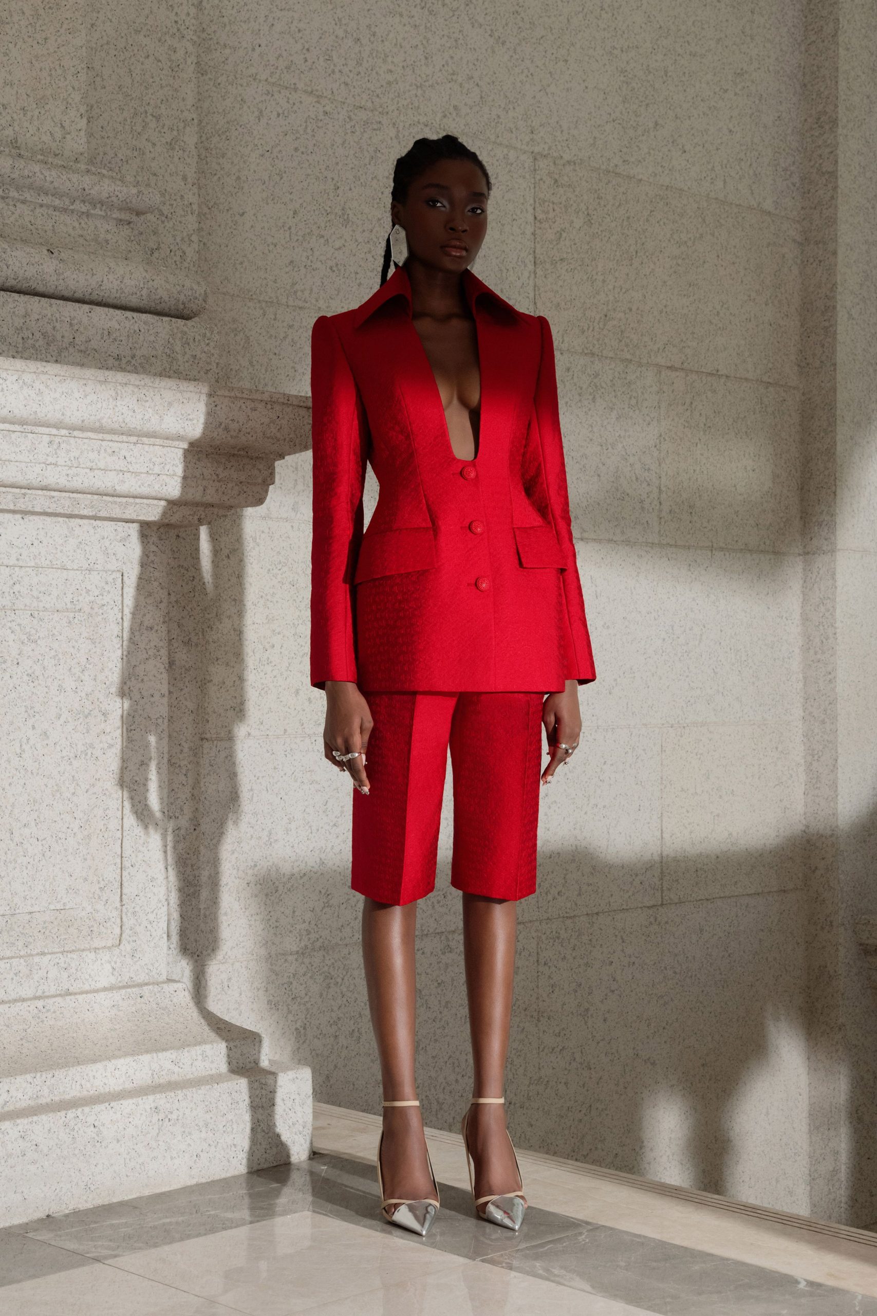 red silk long-sleeve v-neck tailored buttoned blazer