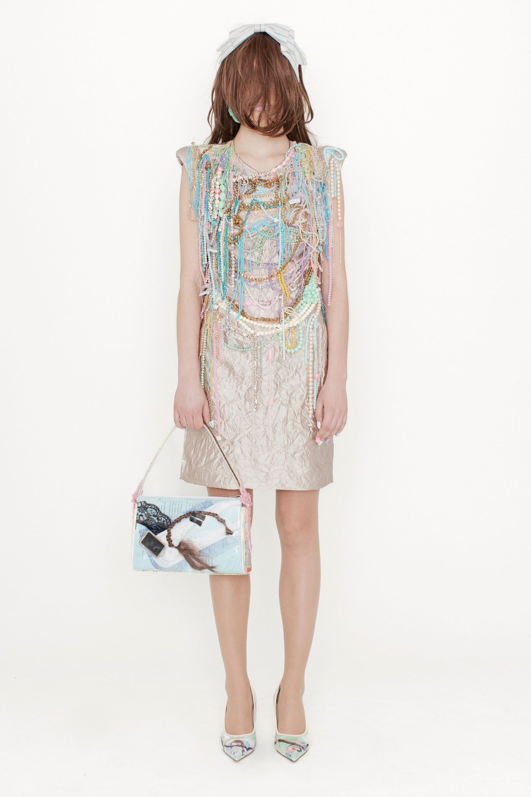 gray silk sleeveless high-neck fitted beaded layered dress
