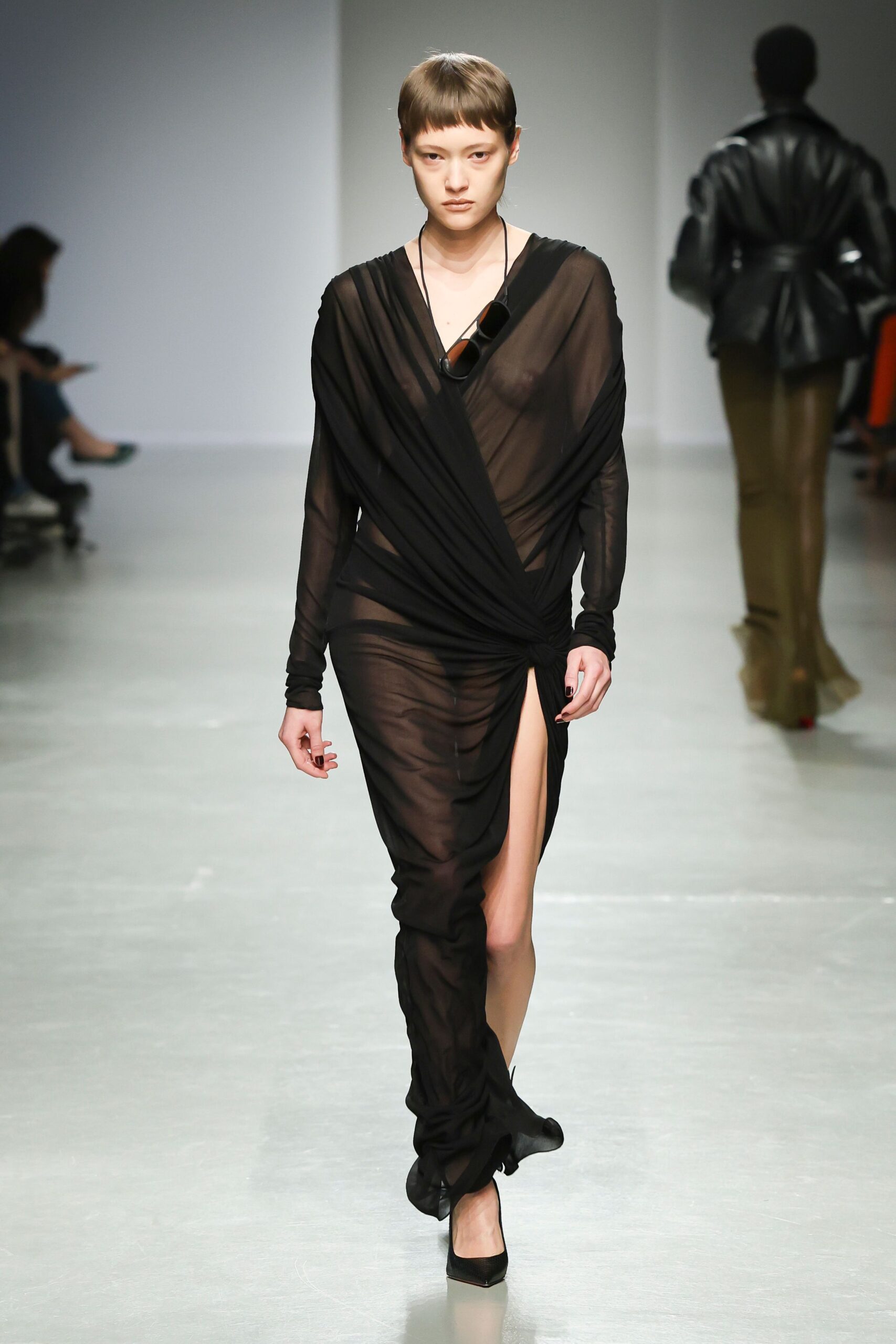 black sheer draped midi dress