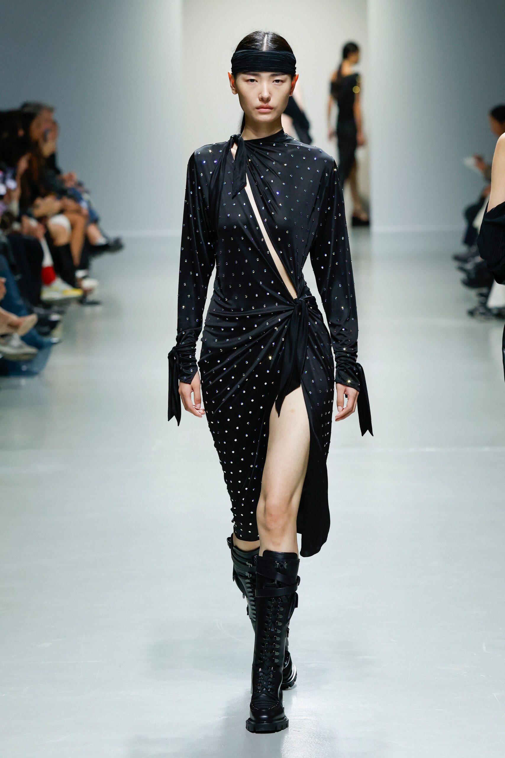 black sequined midi dress with boots