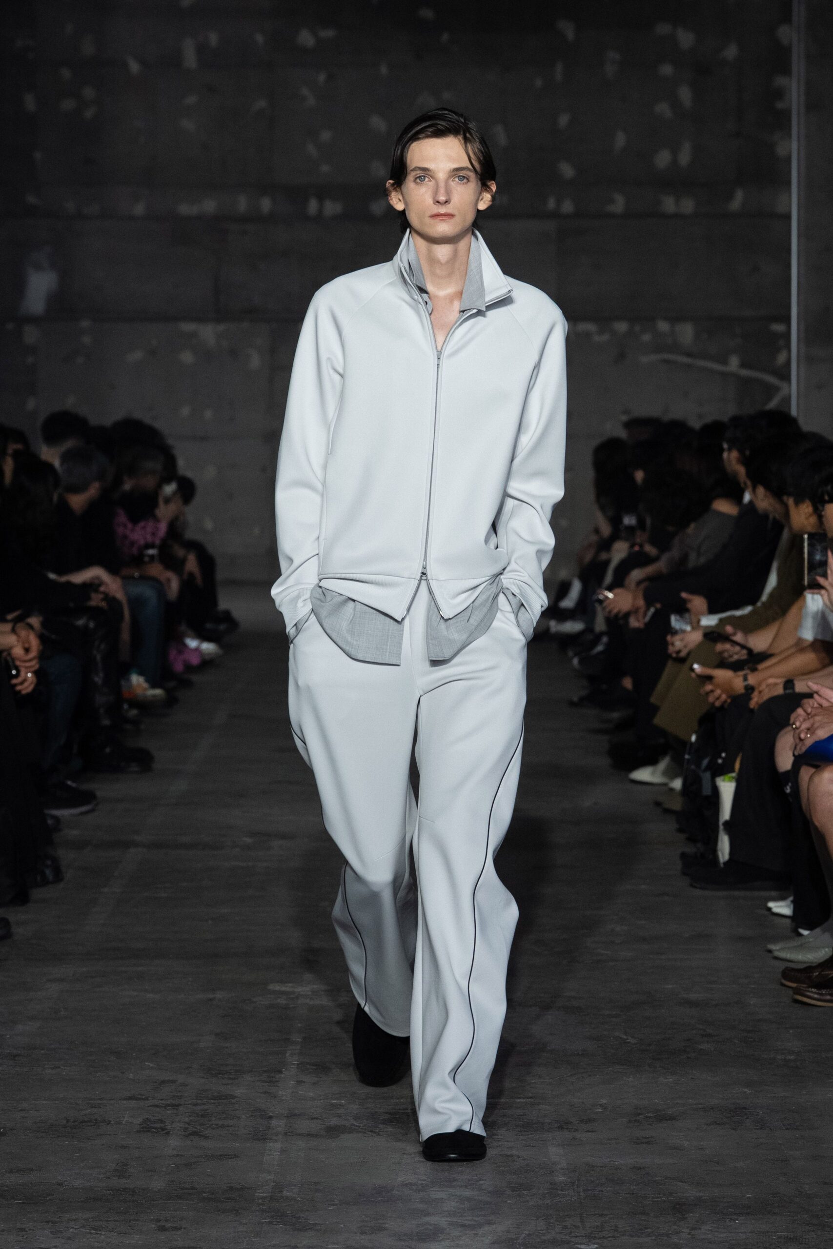 white cotton long-sleeve high-neck relaxed zippered layered jacket