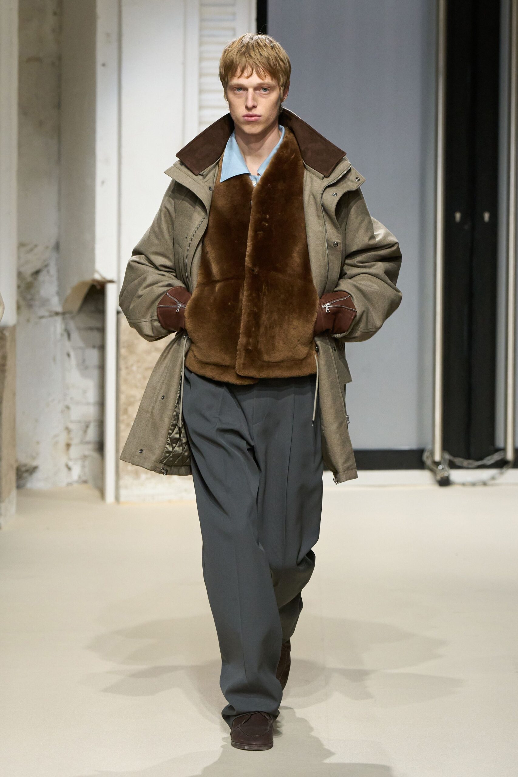 brown wool coat with blue shirt