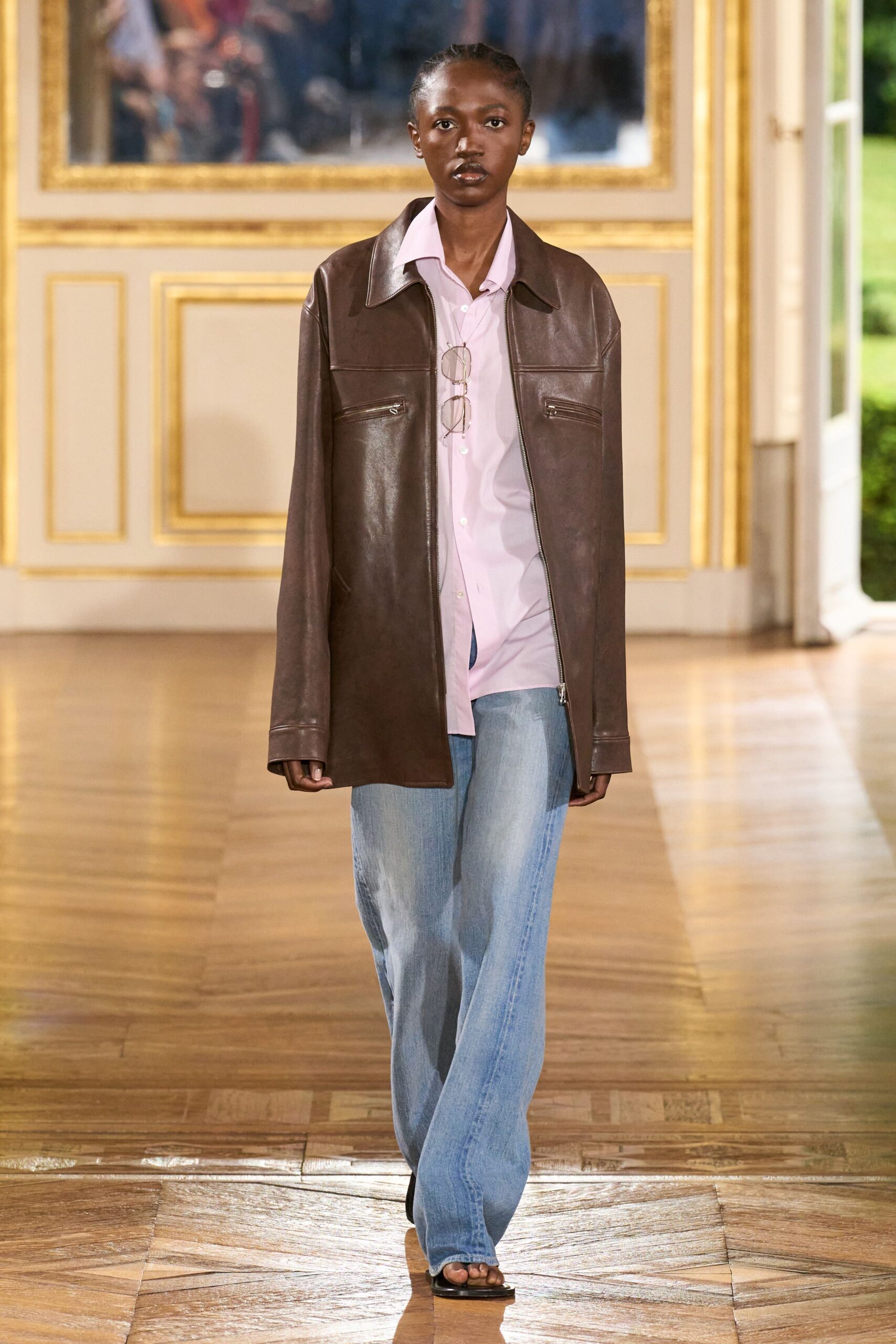 brown leather jacket with pink shirt