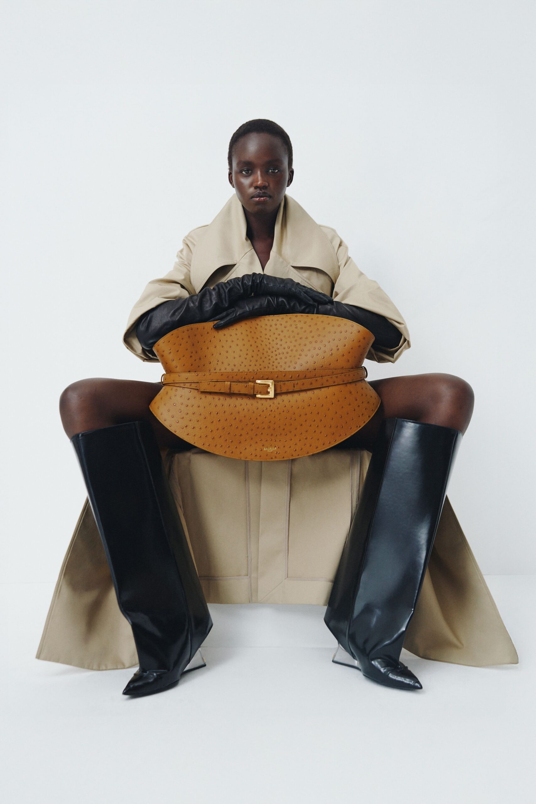 beige cotton long-sleeve collared oversized draped layered coat