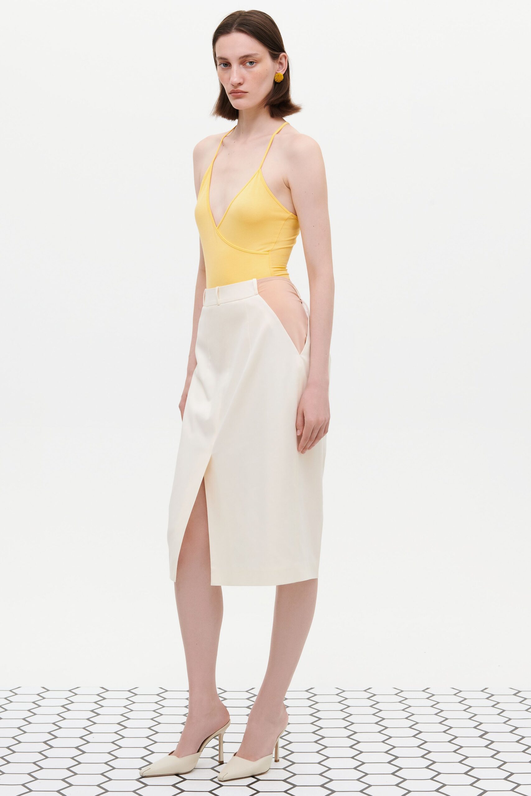 white cotton slit fitted high-waisted midi skirt