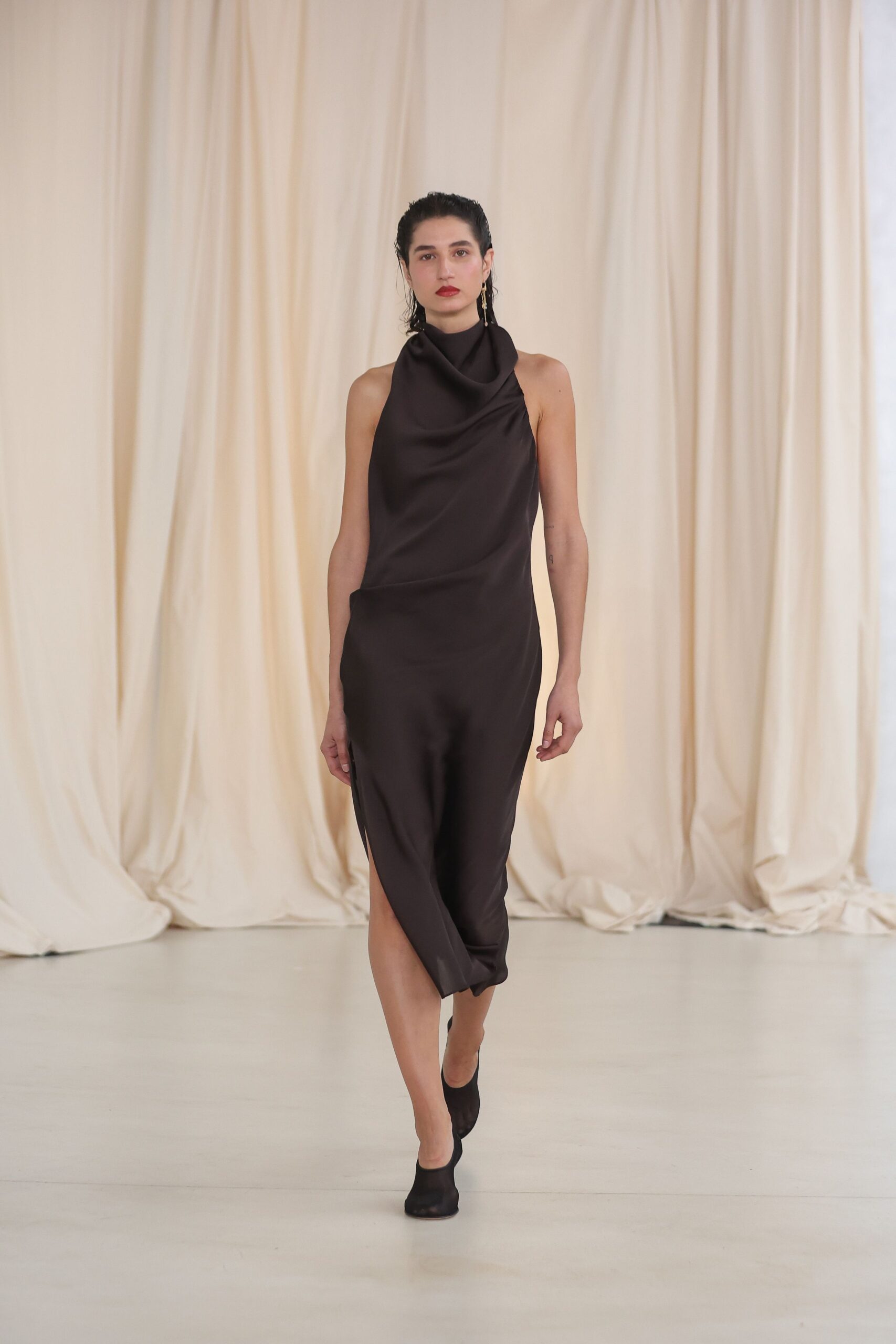 brown silk sleeveless high-neck fitted draped flowing dress
