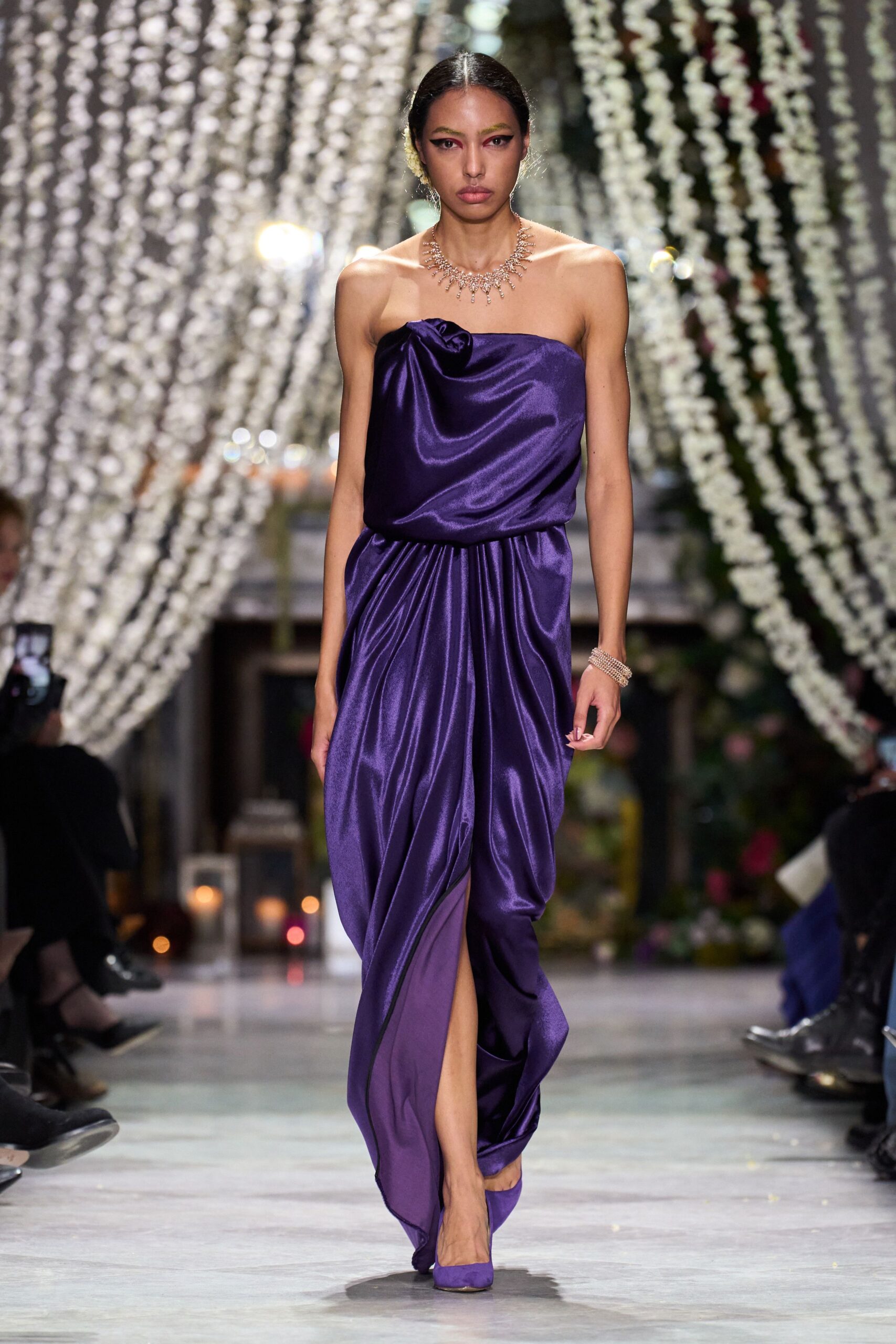purple silk strapless slit fitted draped flowing gown