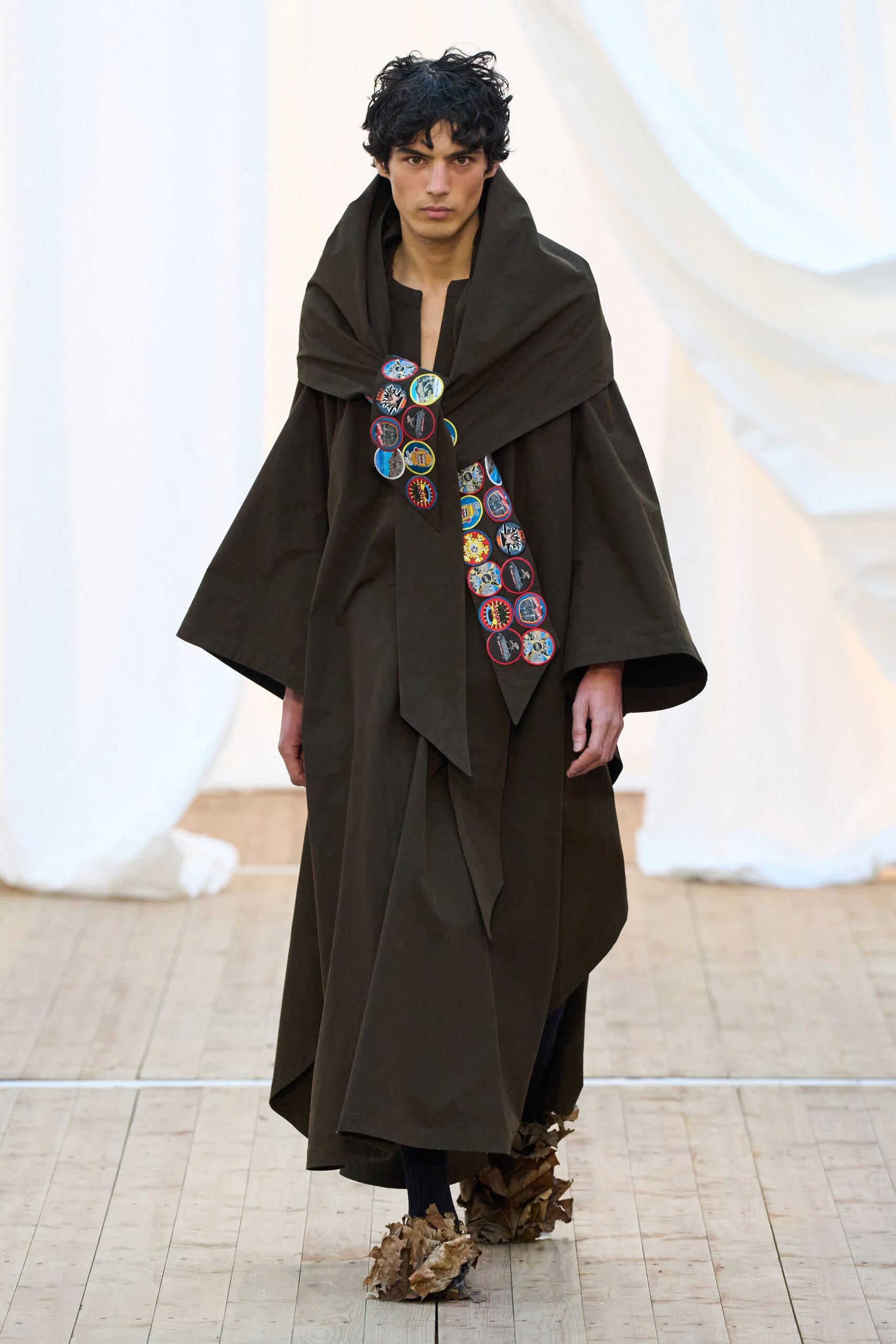 brown cotton long-sleeve collared relaxed draped embroidered coat
