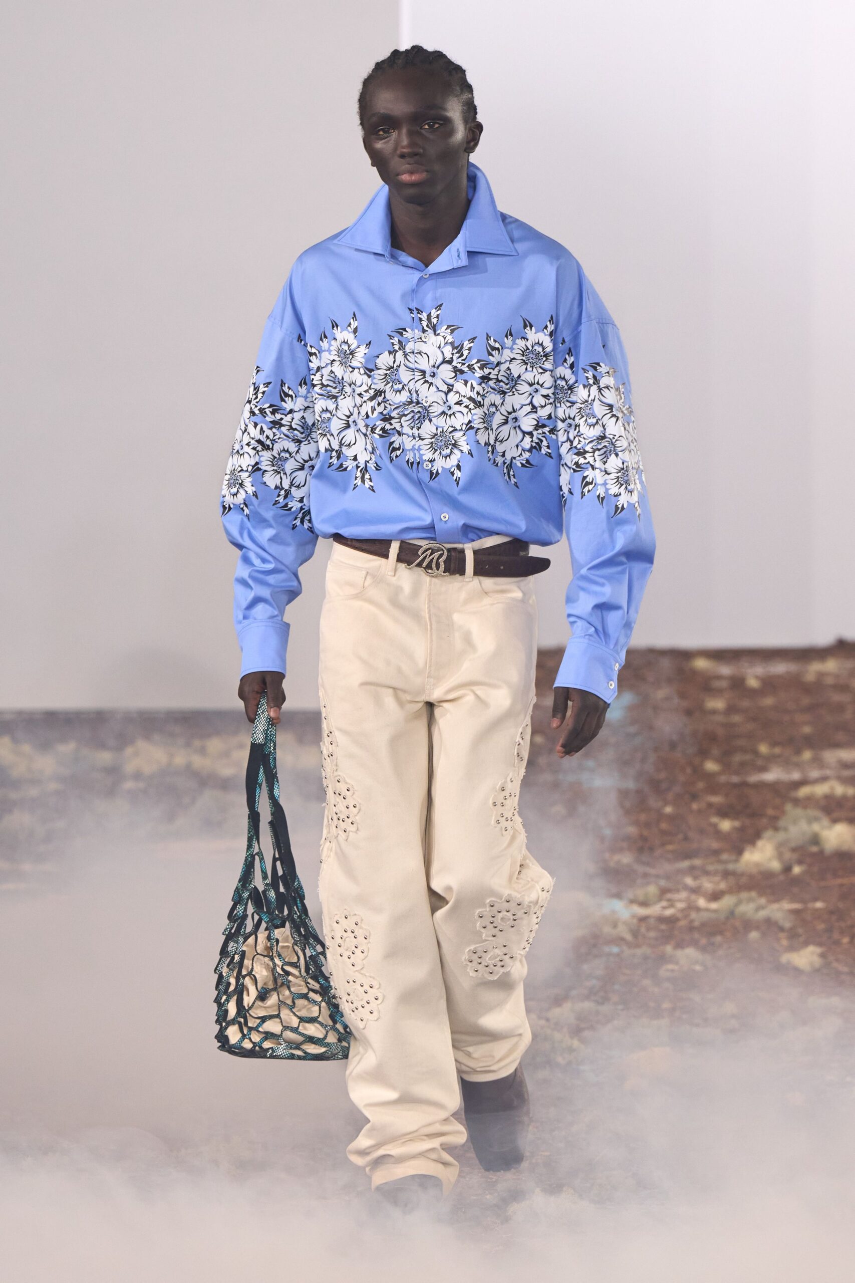 blue cotton long-sleeve collared oversized buttoned floral shirt