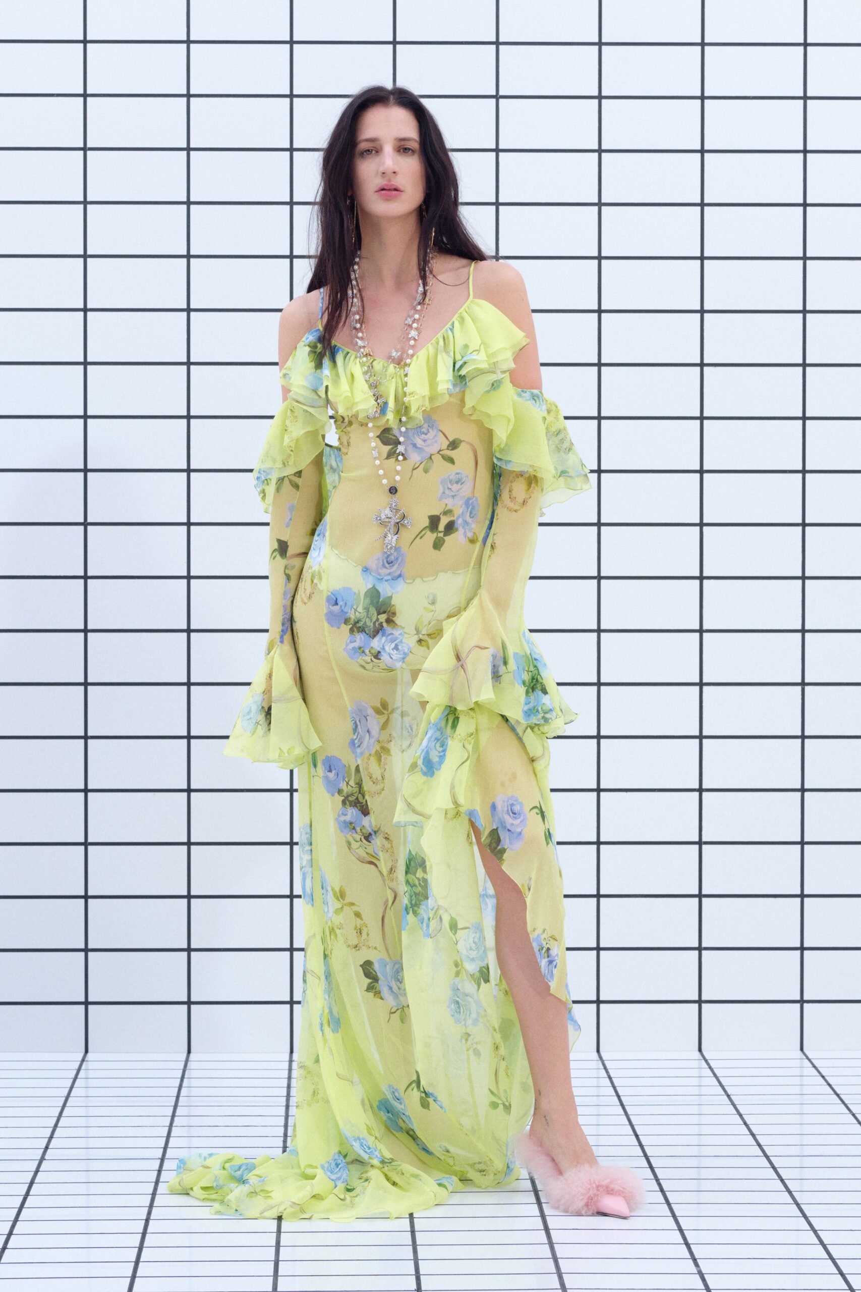 yellow chiffon off-shoulder long-sleeve fitted floral ruffled gown