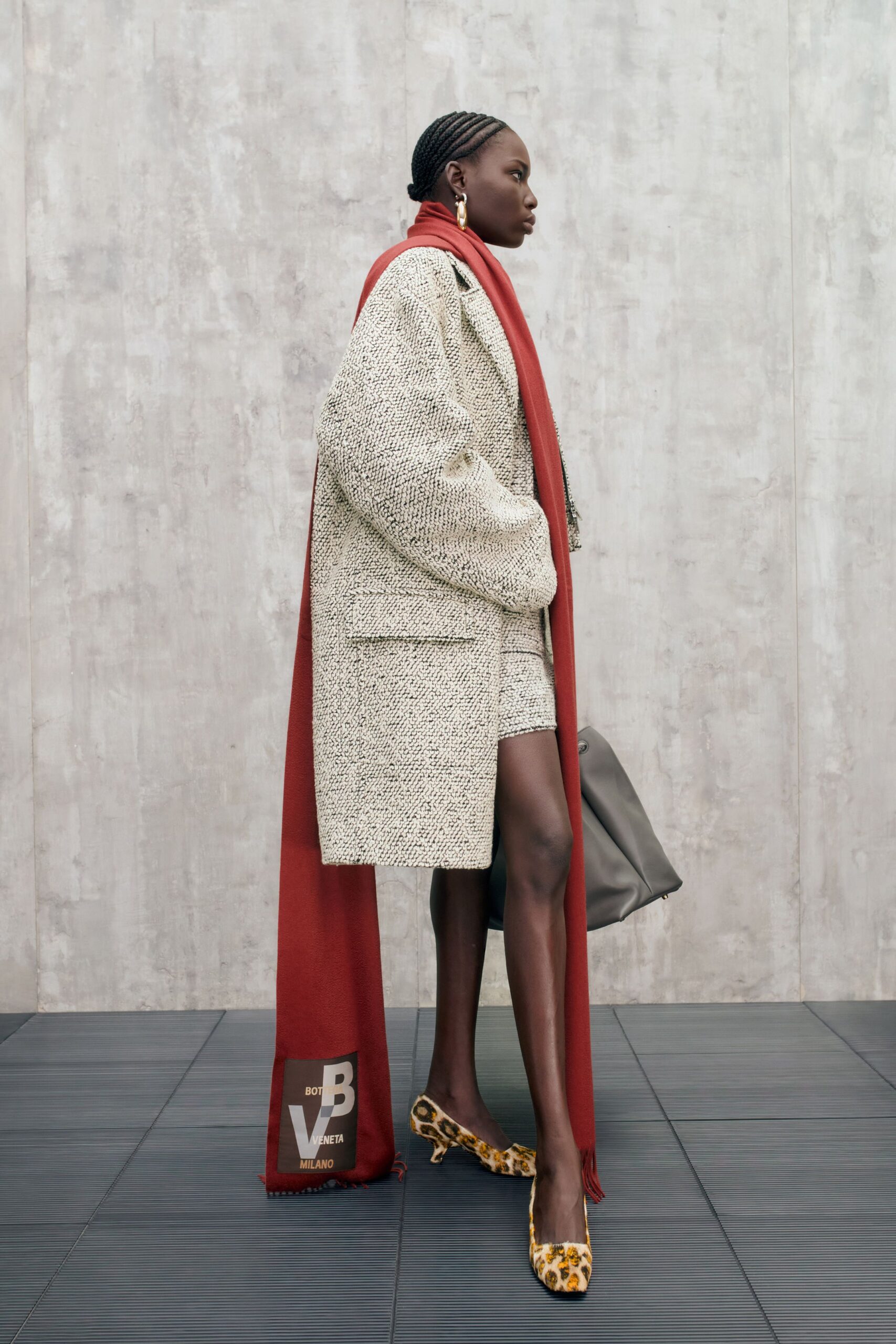 oversized beige coat with mini dress