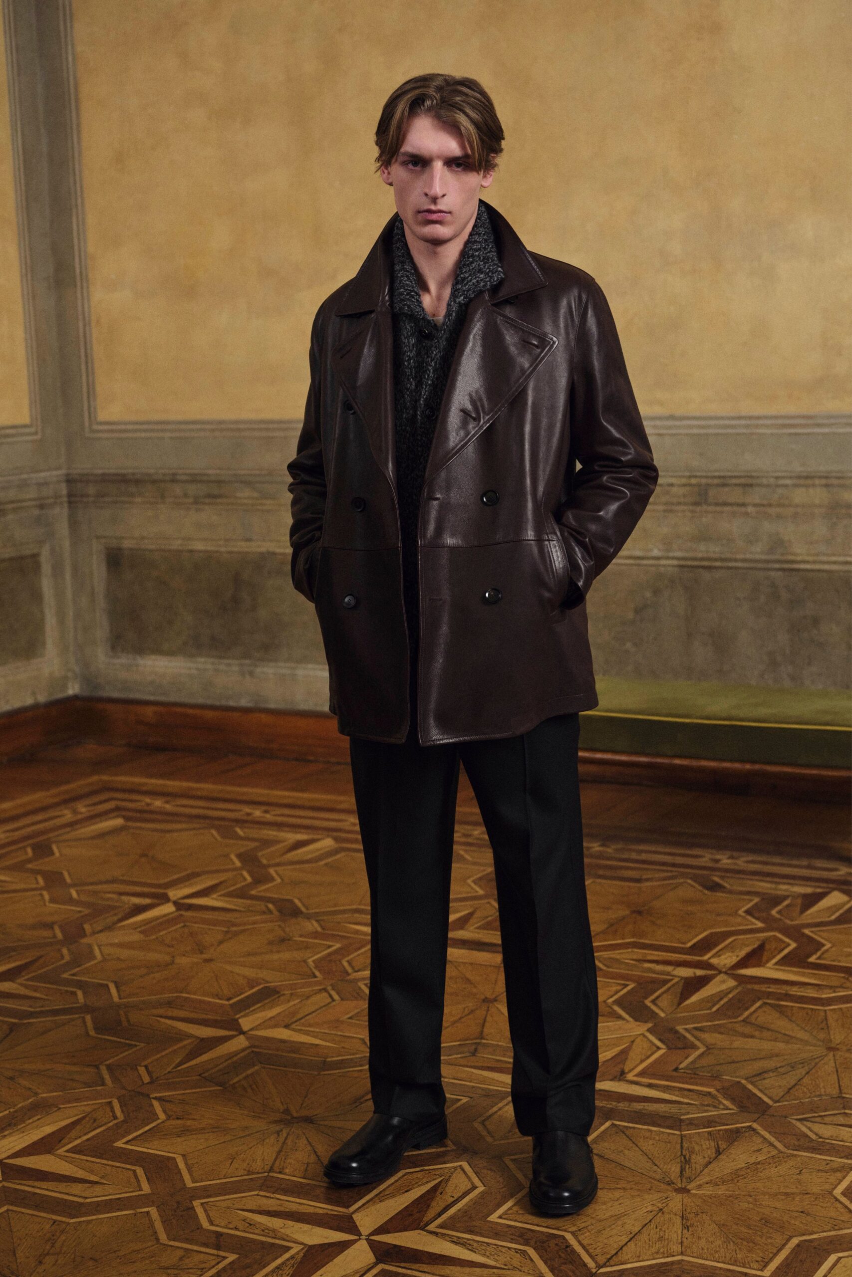 brown leather long-sleeve collared structured coat