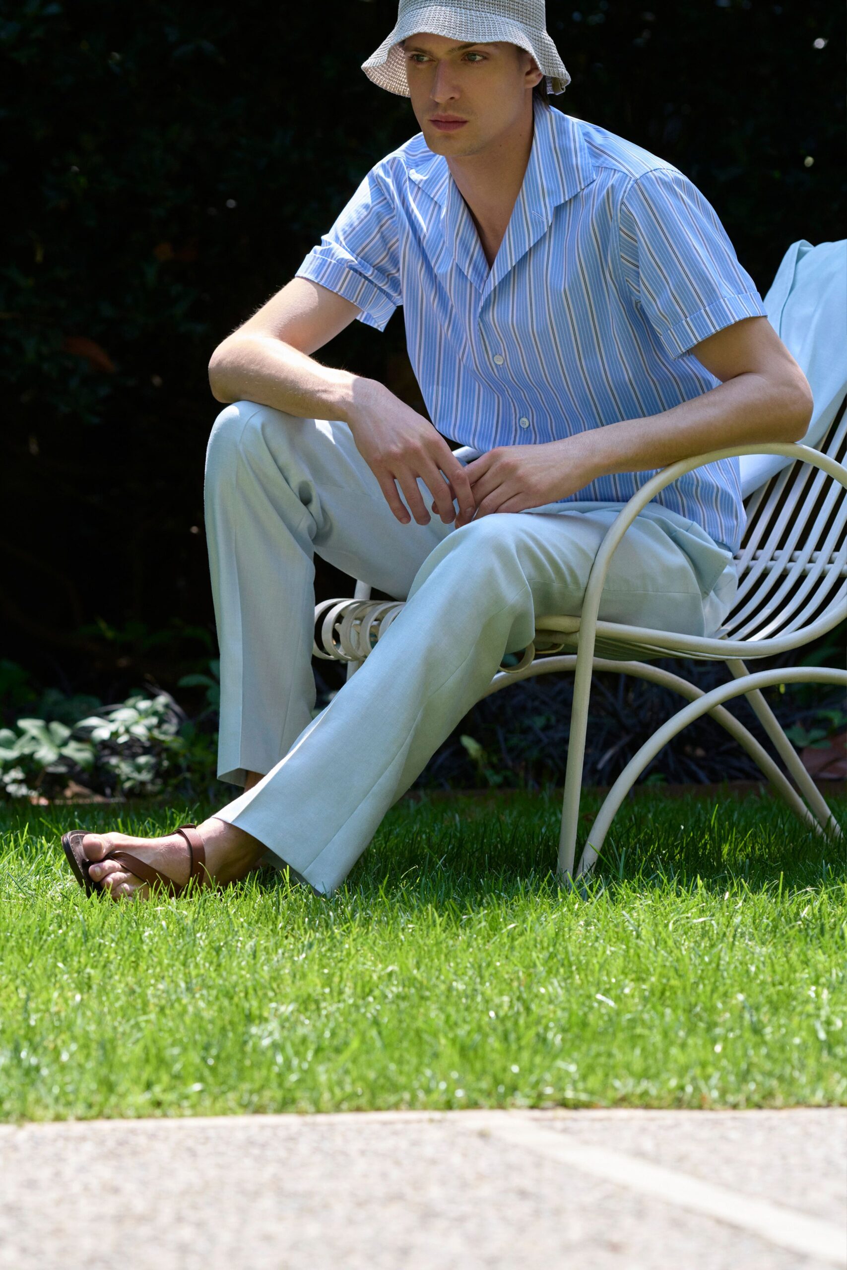 relaxed blue striped shirt with tailored pants