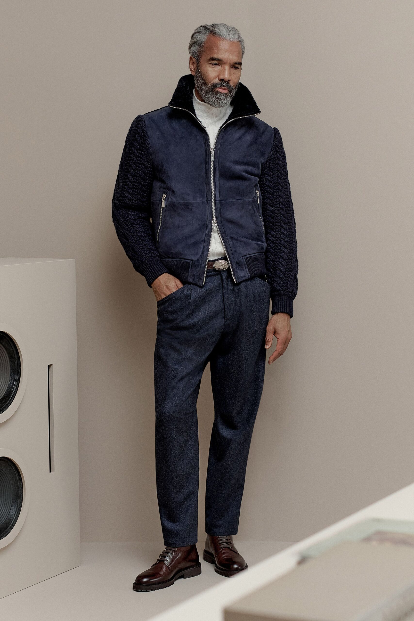 blue suede long-sleeve collared fitted zippered jacket