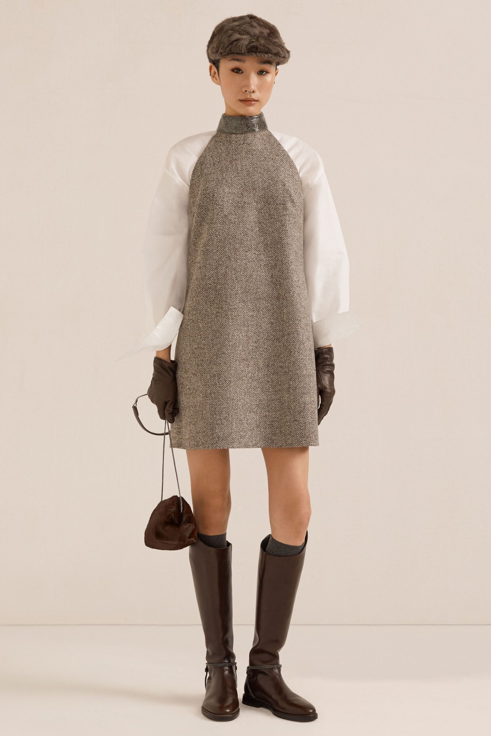 gray wool sleeveless high-neck fitted straight-leg mini dress