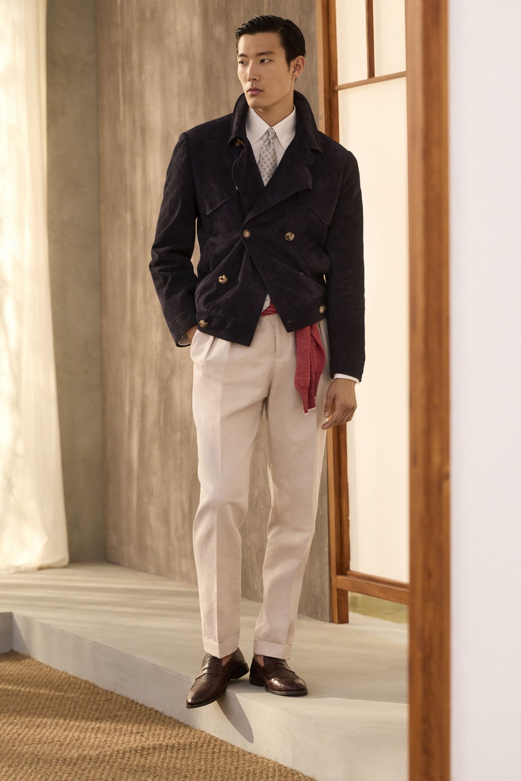 black suede long-sleeve collared structured buttoned pockets jacket