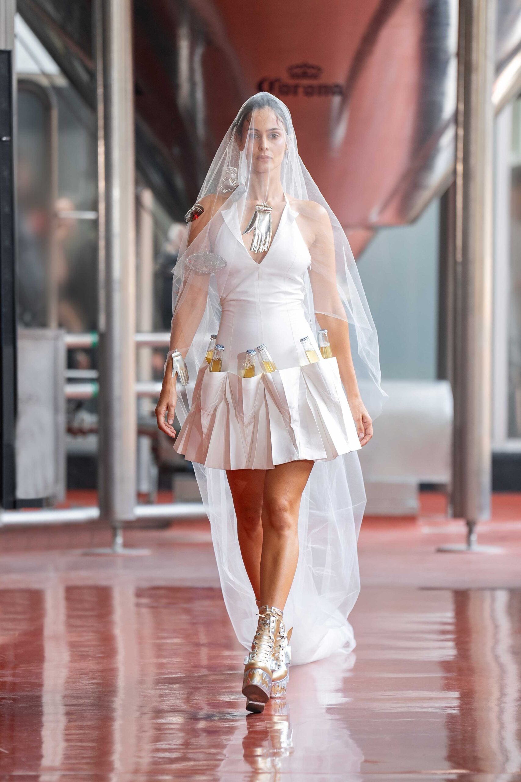 white silk sleeveless high-neck fitted pleated zippered dress