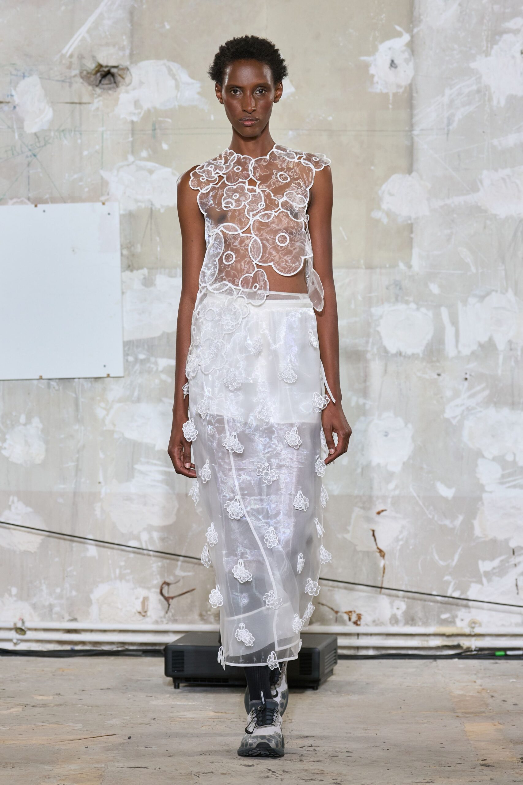 white lace midi dress with black shoes
