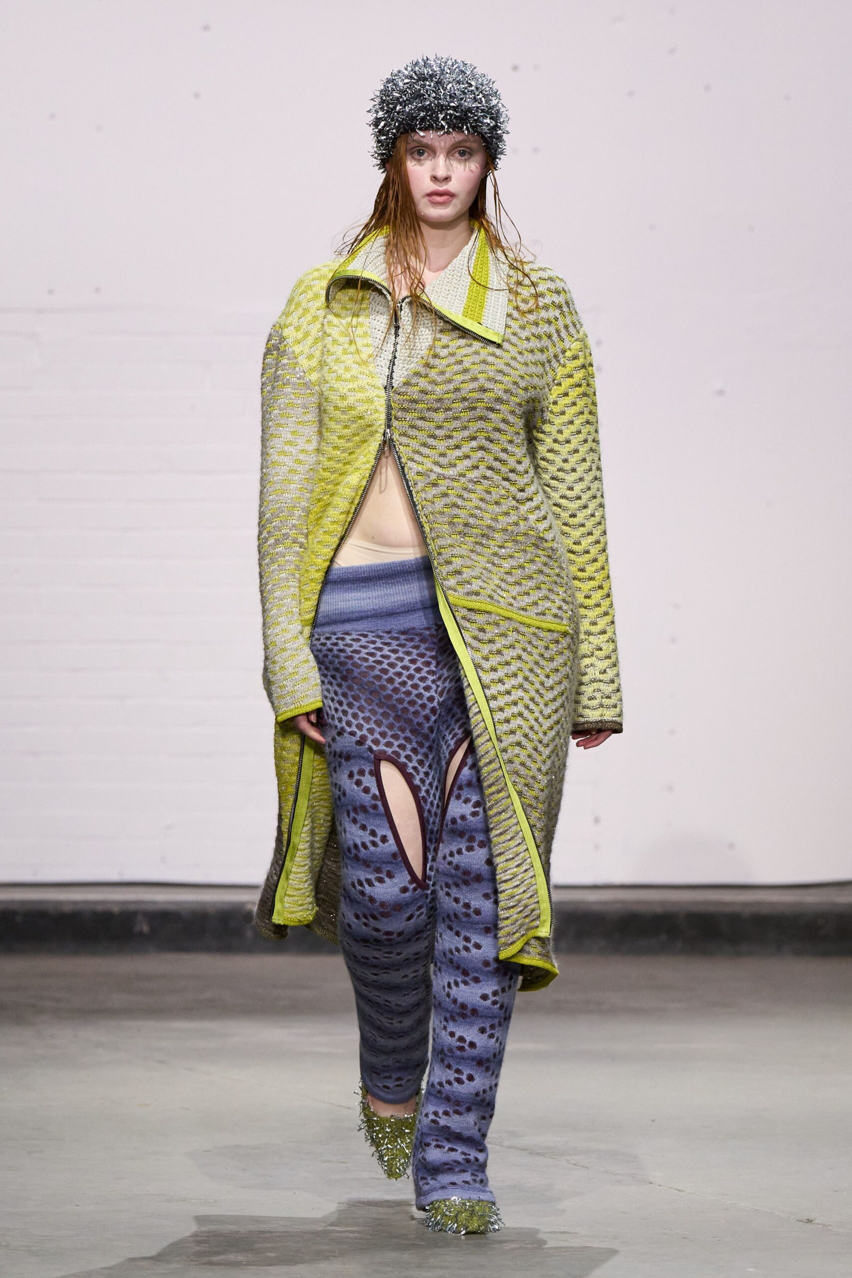 yellow knit long-sleeve collared relaxed layered coat
