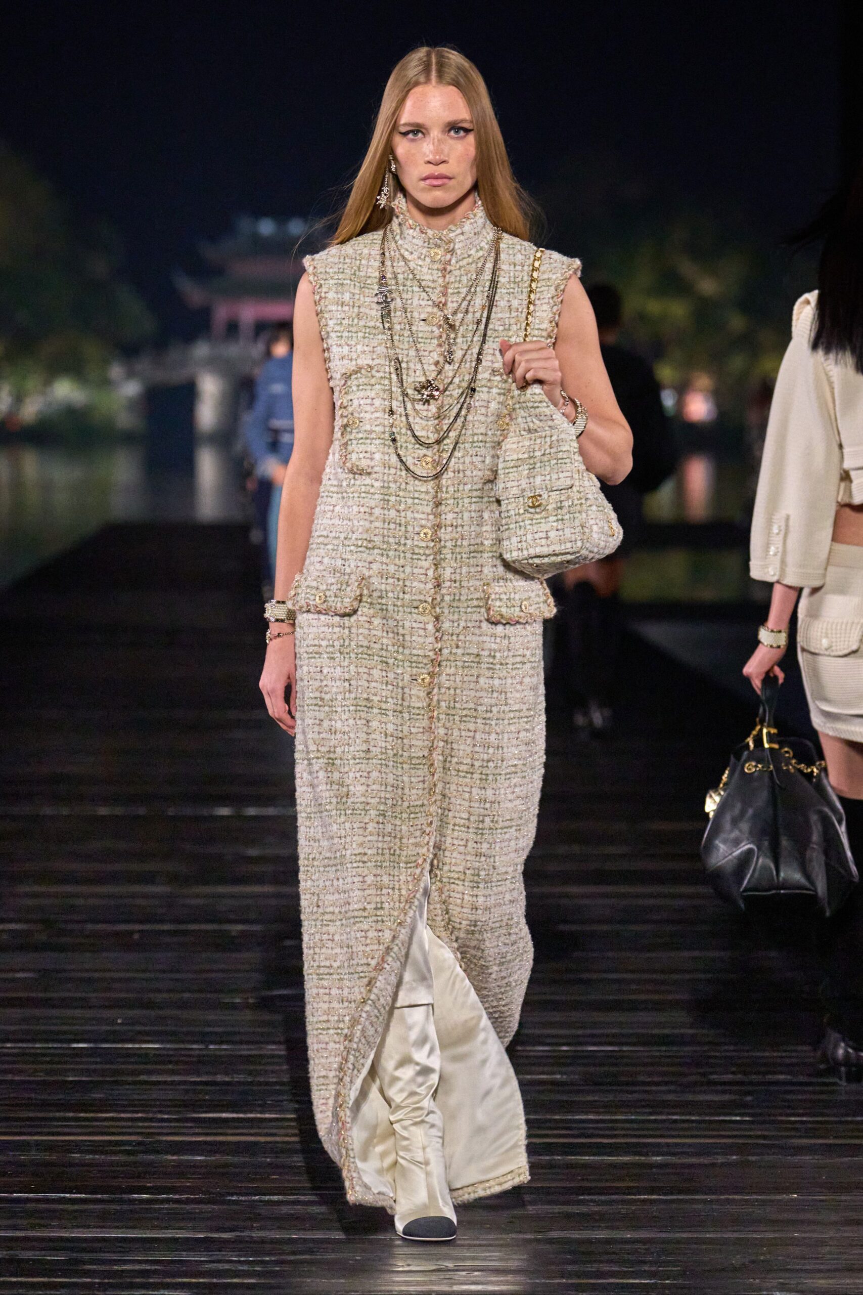 beige gray tweed maxi dress