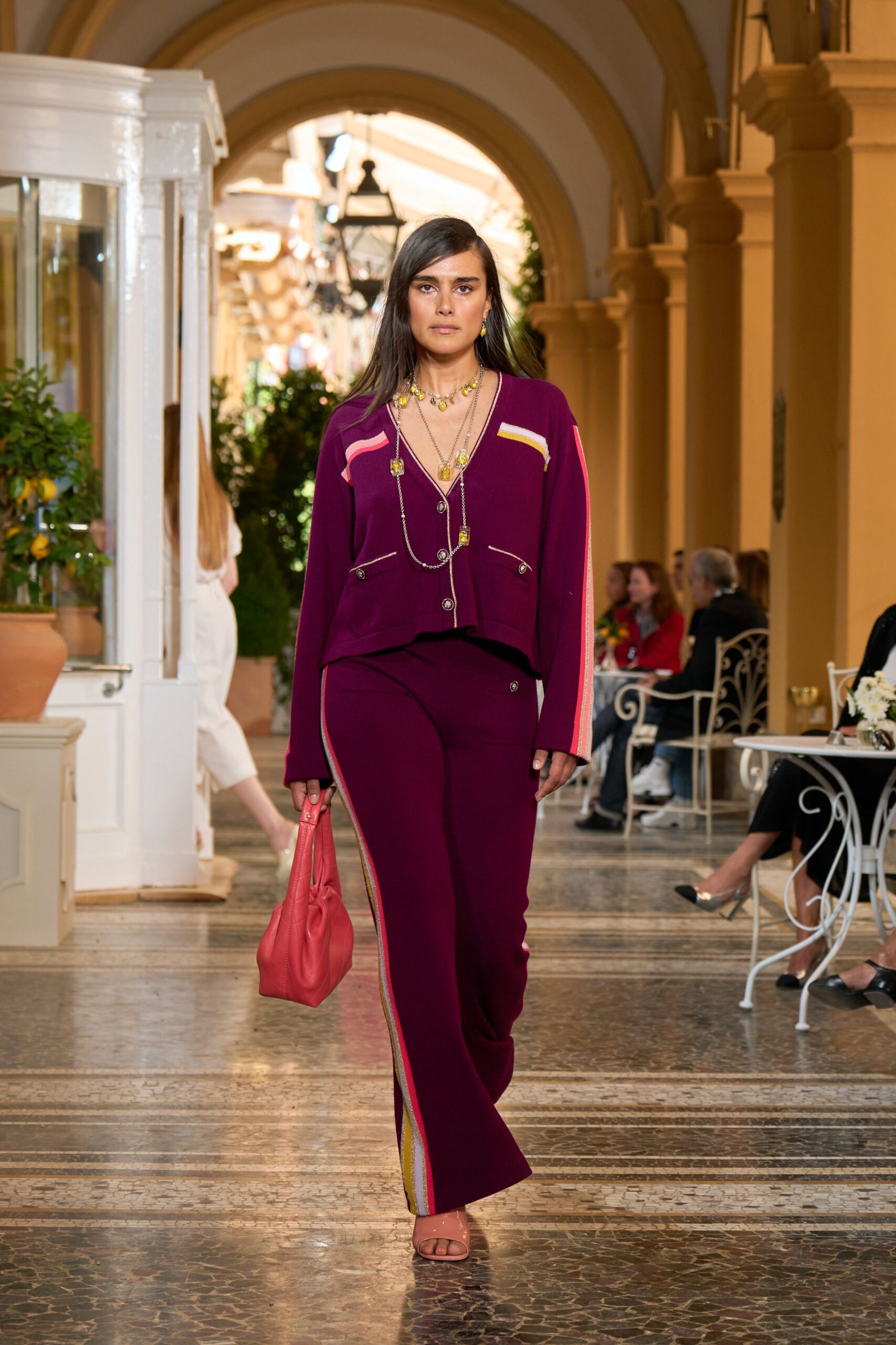purple knit long-sleeve v-neck relaxed buttoned striped blazer