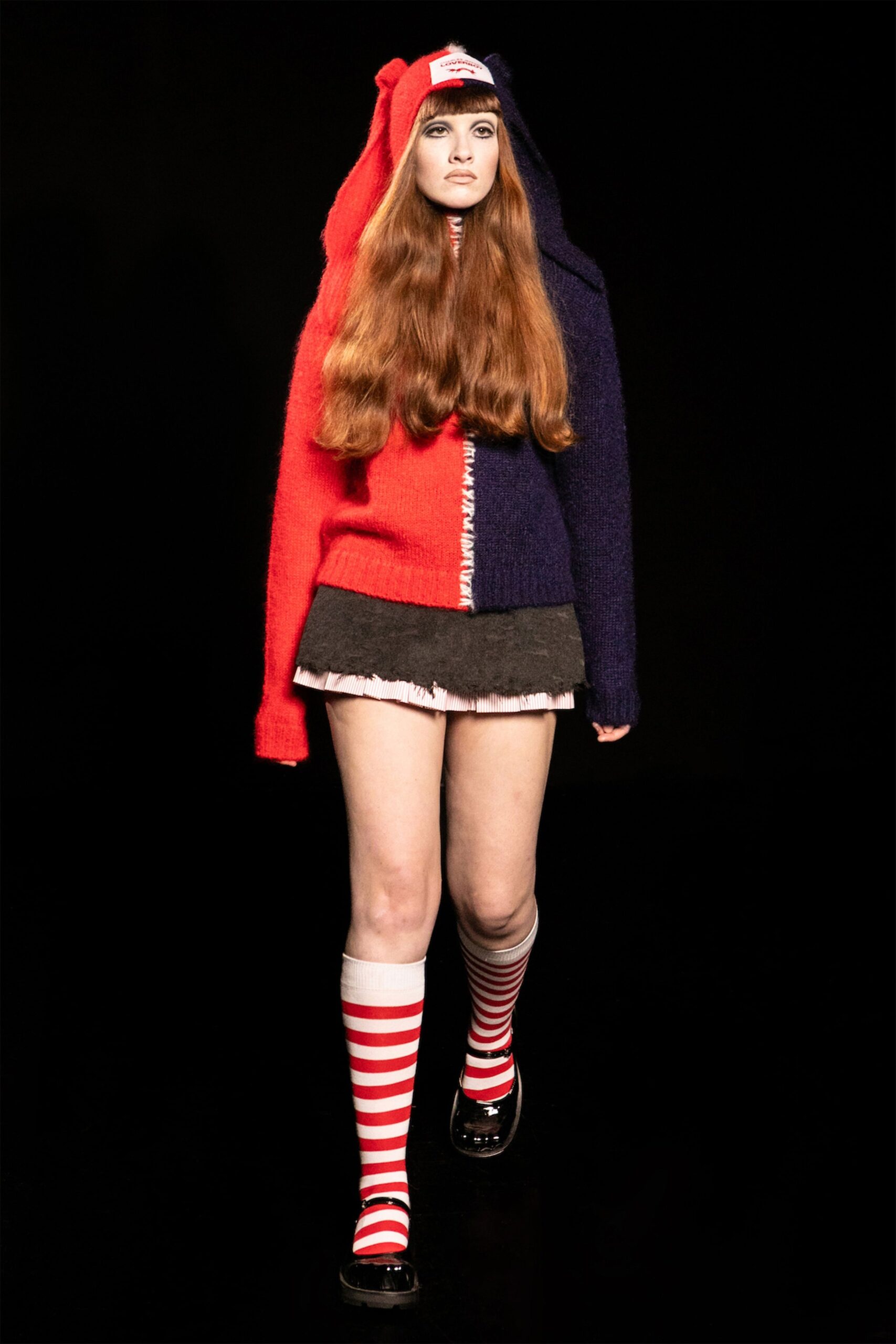 red wool long-sleeve hooded relaxed zippered hoodie