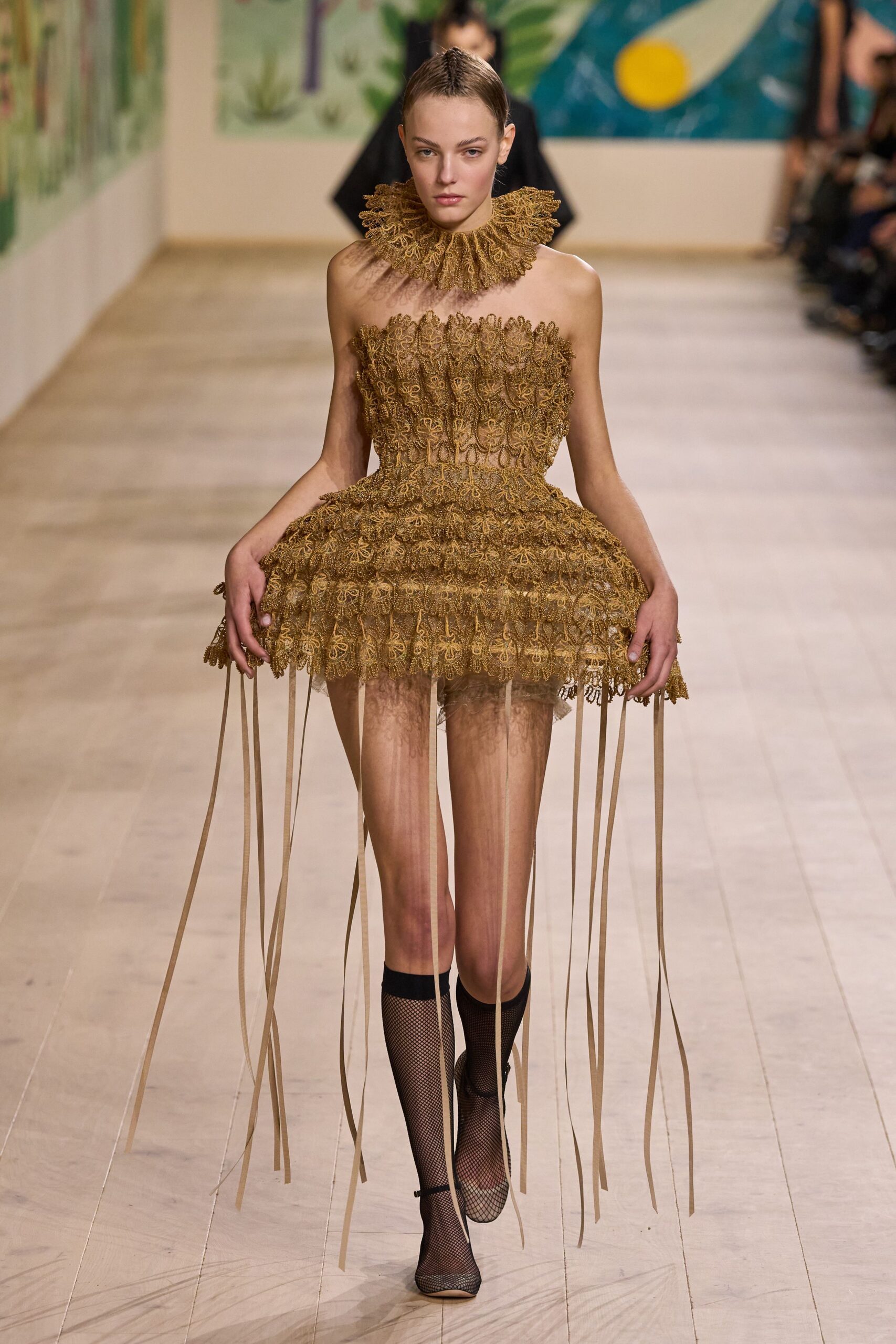 gold lace sleeveless off-shoulder fitted ruffled tiered dress