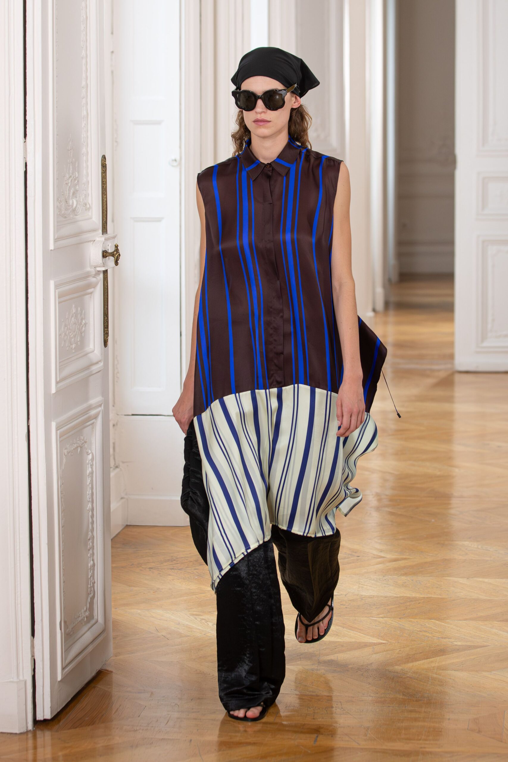 brown silk sleeveless collared relaxed striped draped top