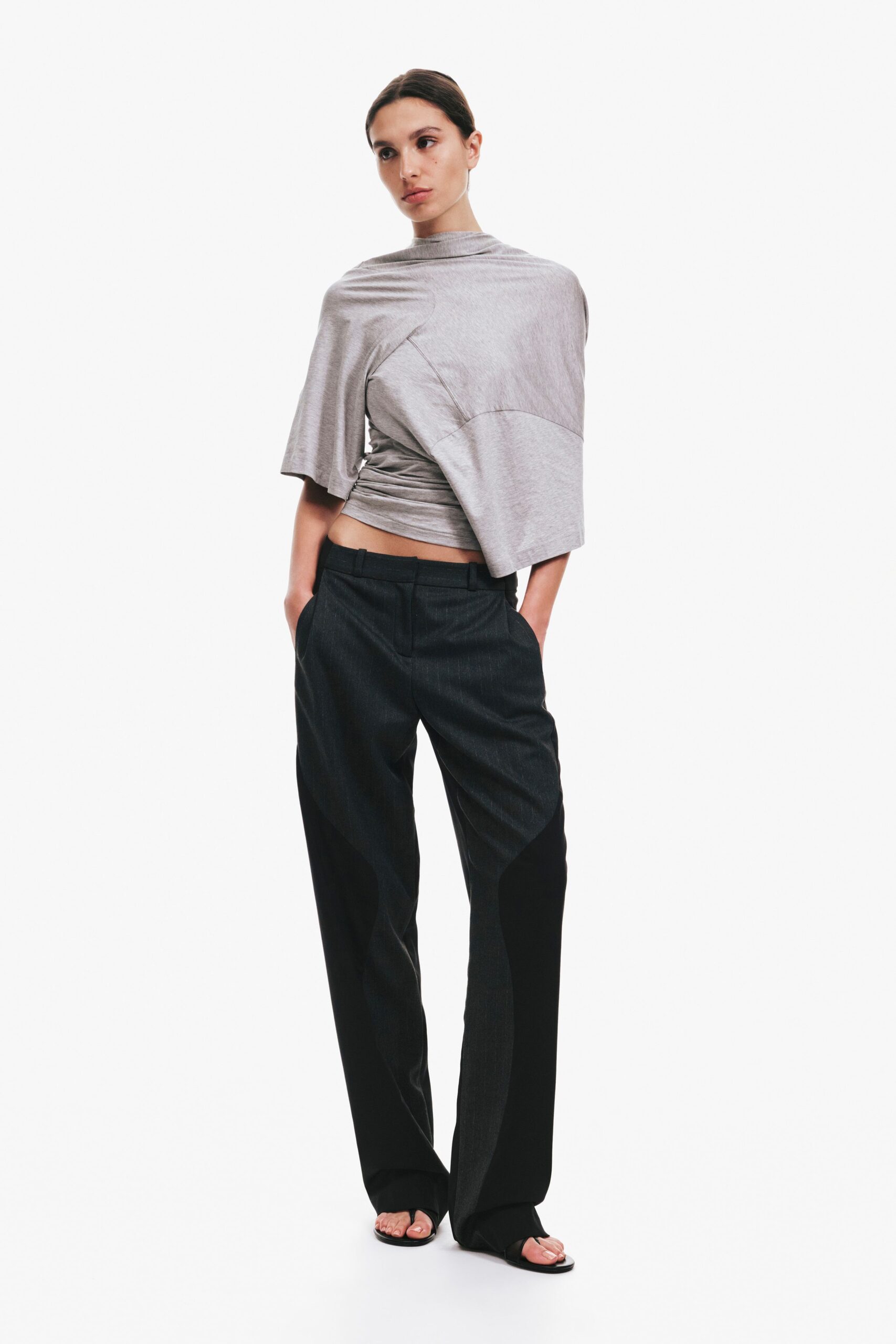 gray cotton sleeveless high-neck fitted draped top