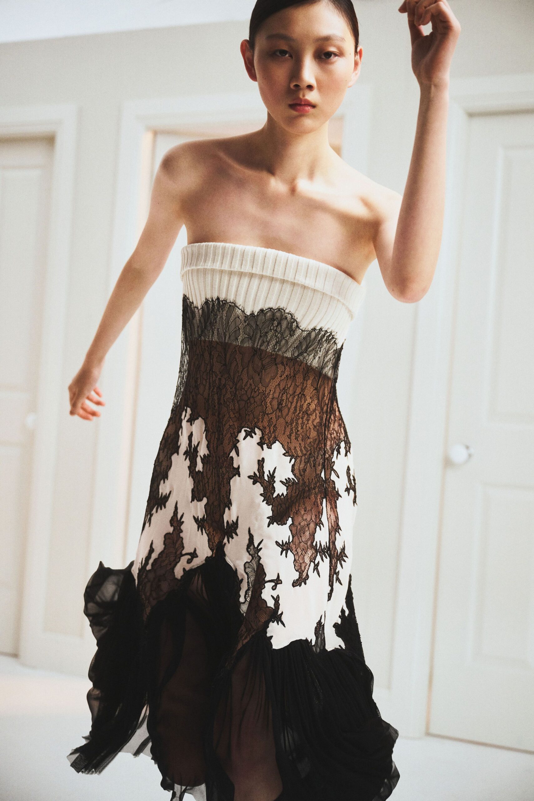black and white strapless lace dress