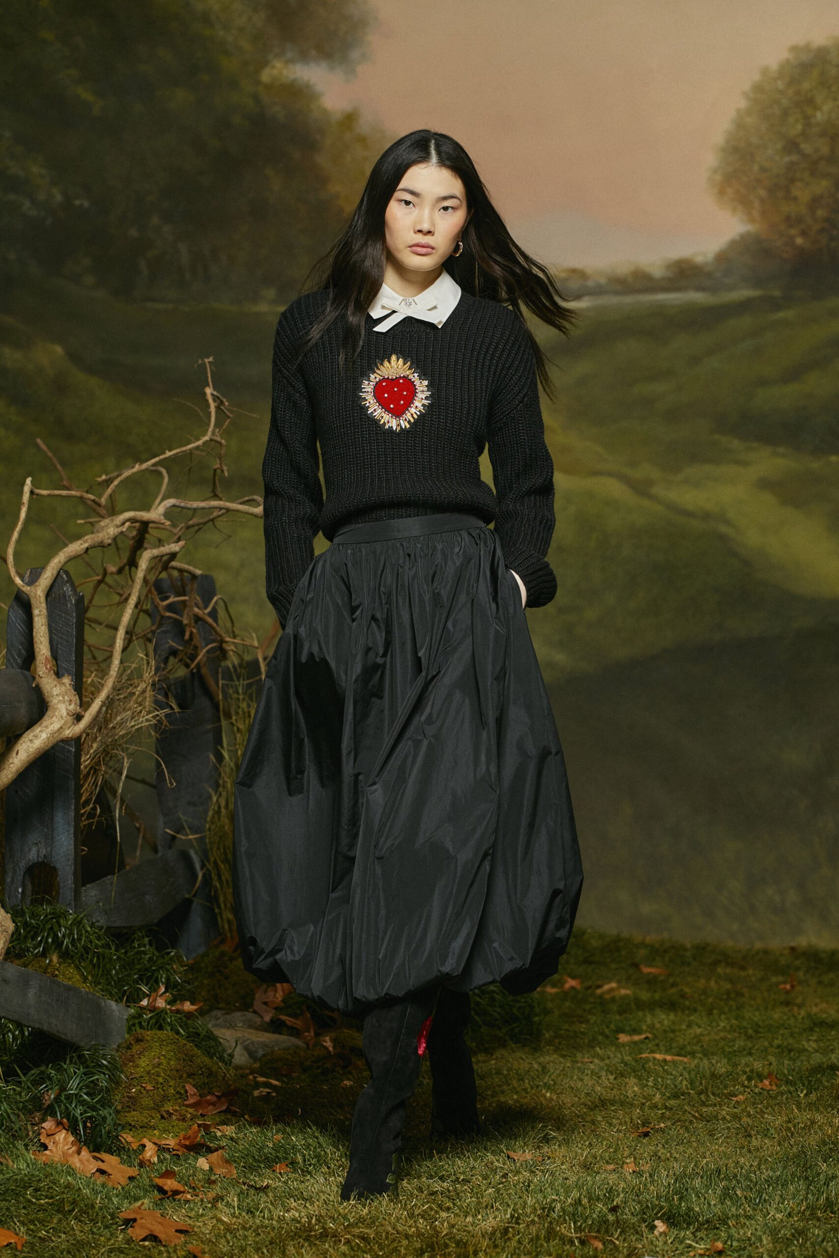 black wool long-sleeve collared fitted embroidered sweater
