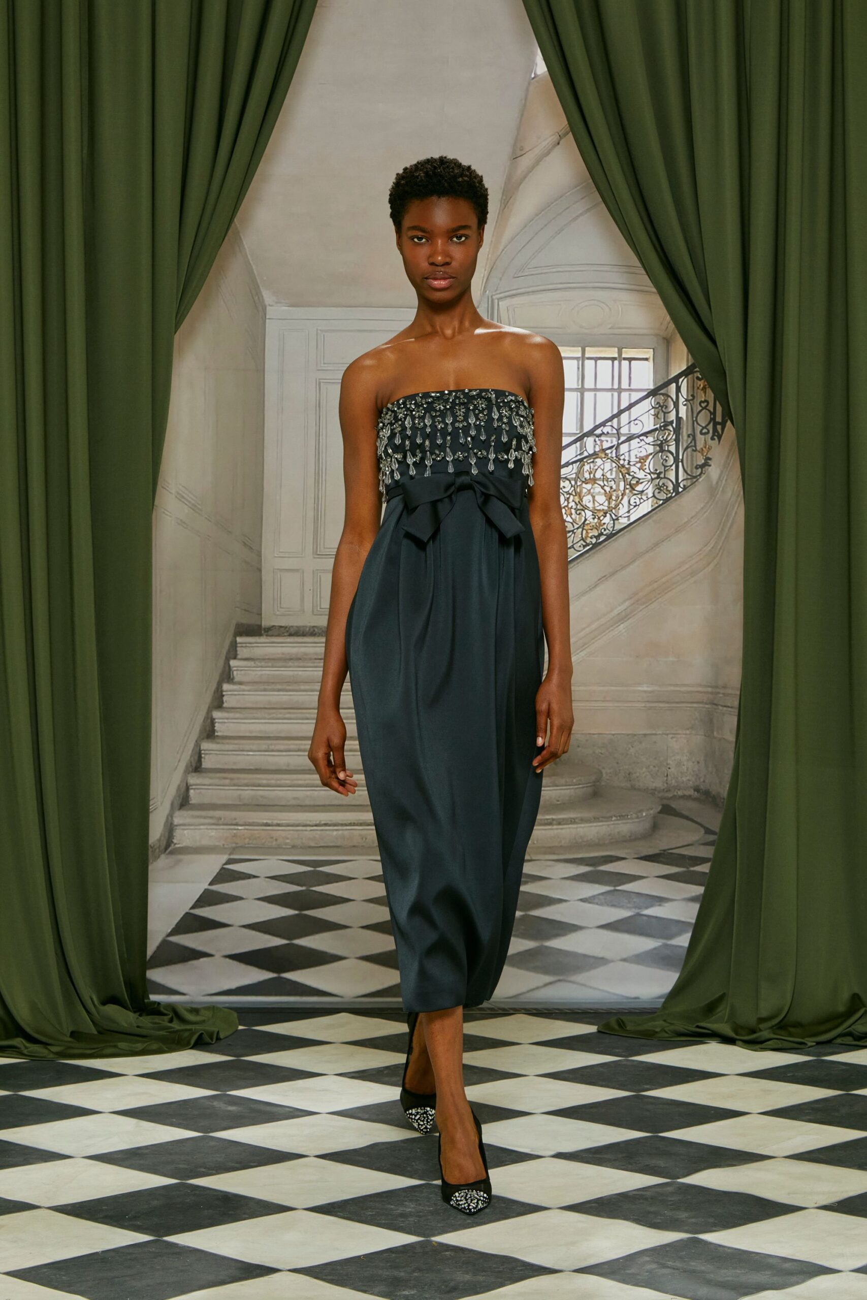black silk strapless gown
