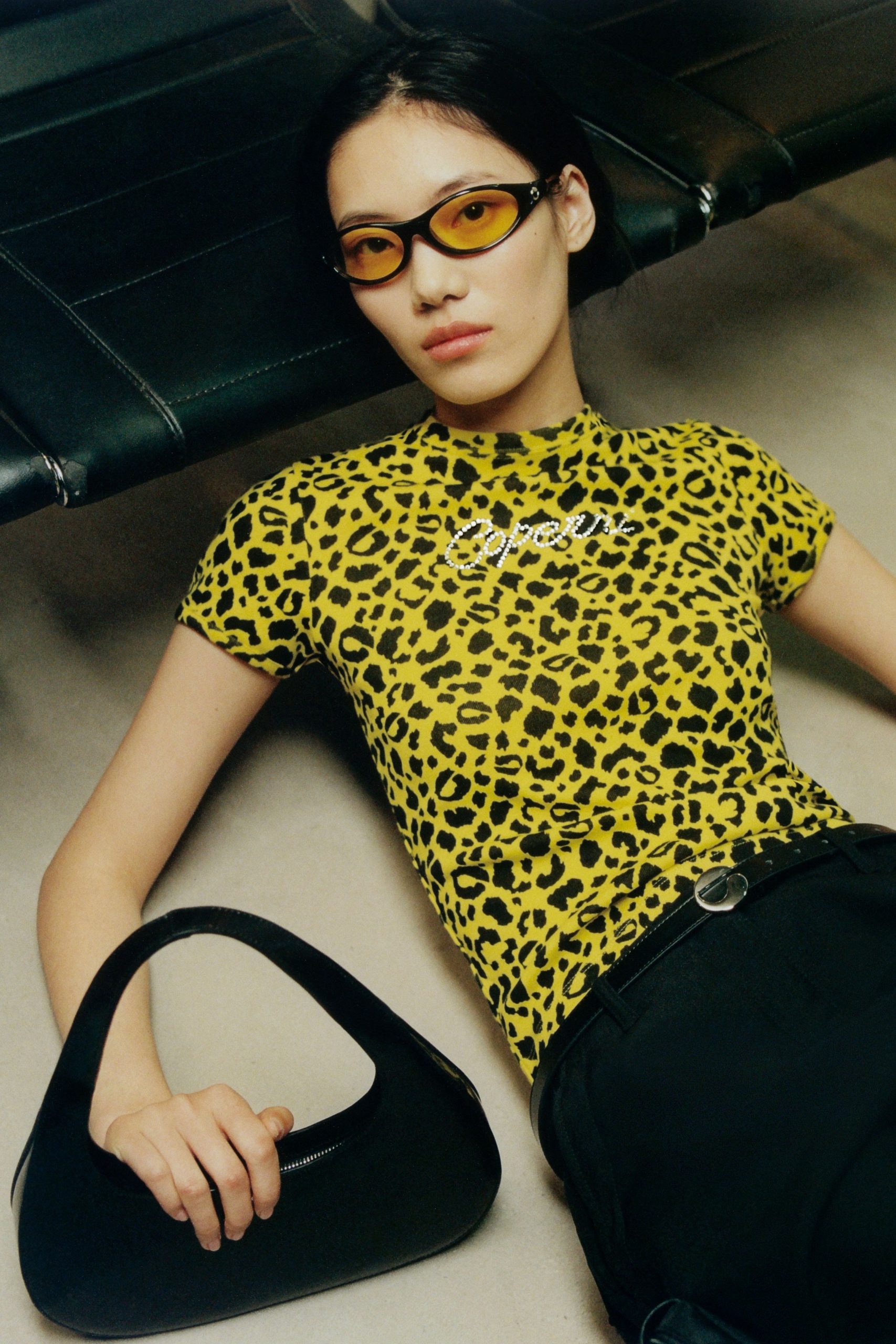 yellow cotton short-sleeve high-neck fitted animal-print top