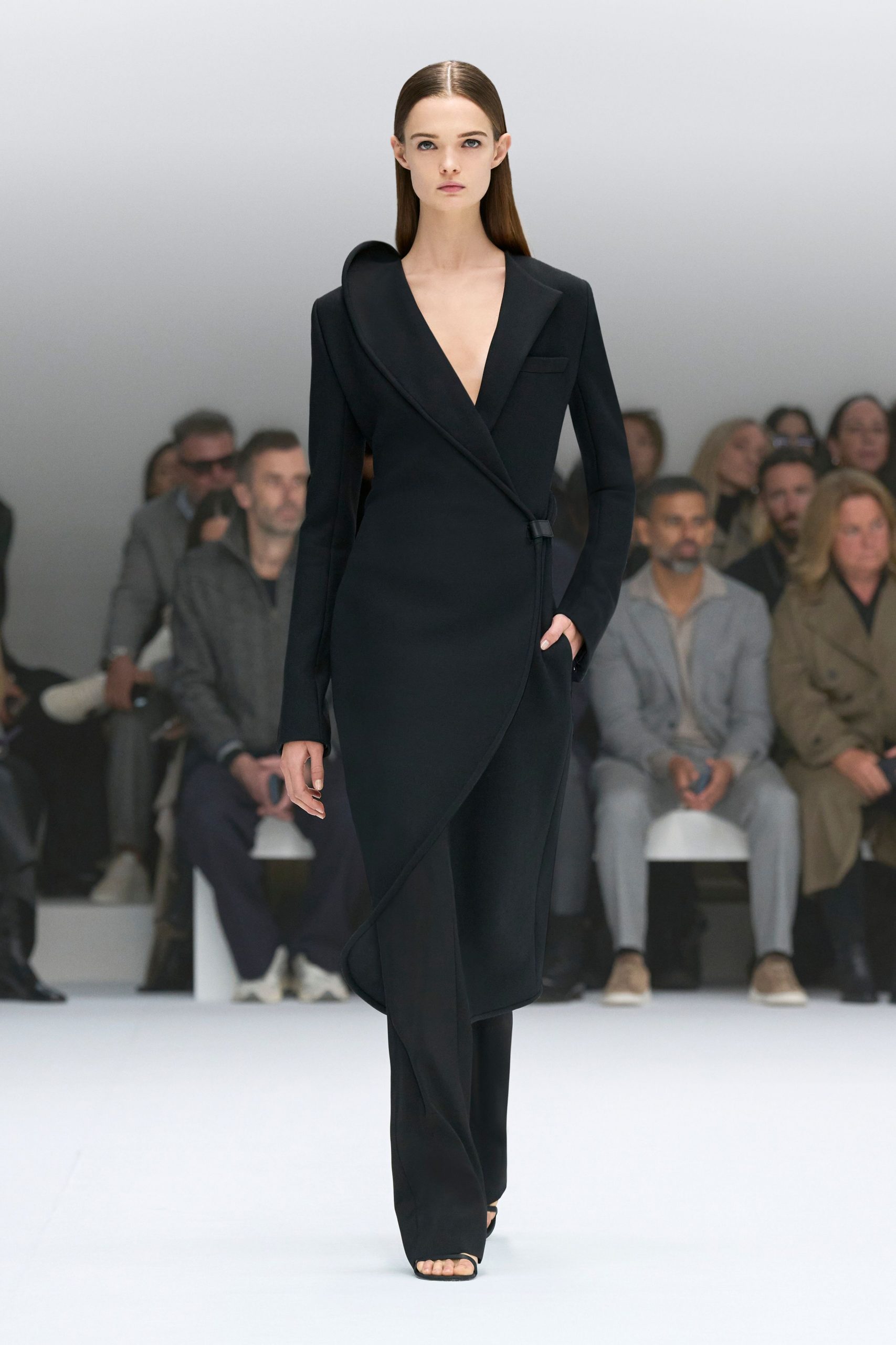 black wool long-sleeve v-neck fitted draped midi dress