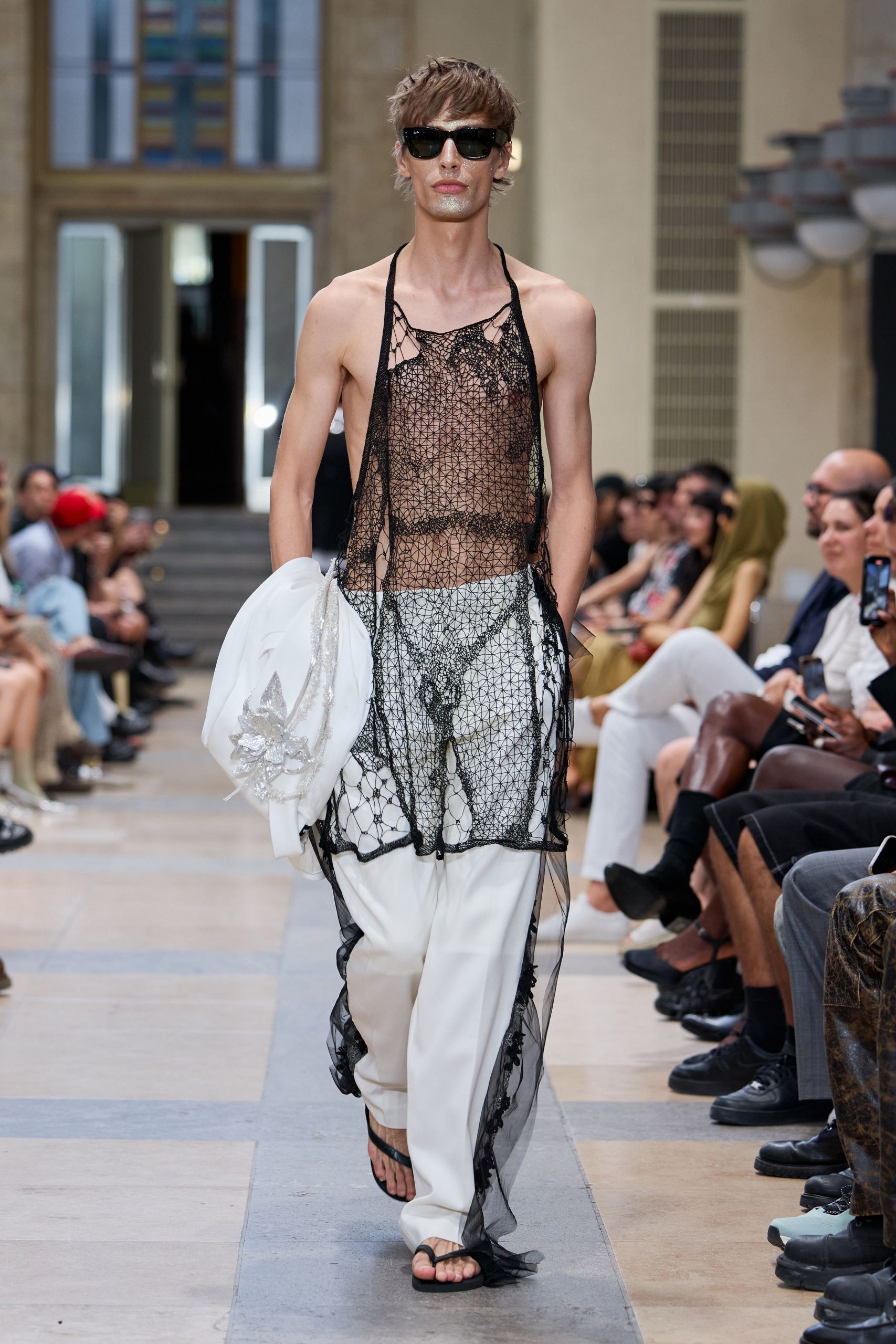 black mesh top white pants