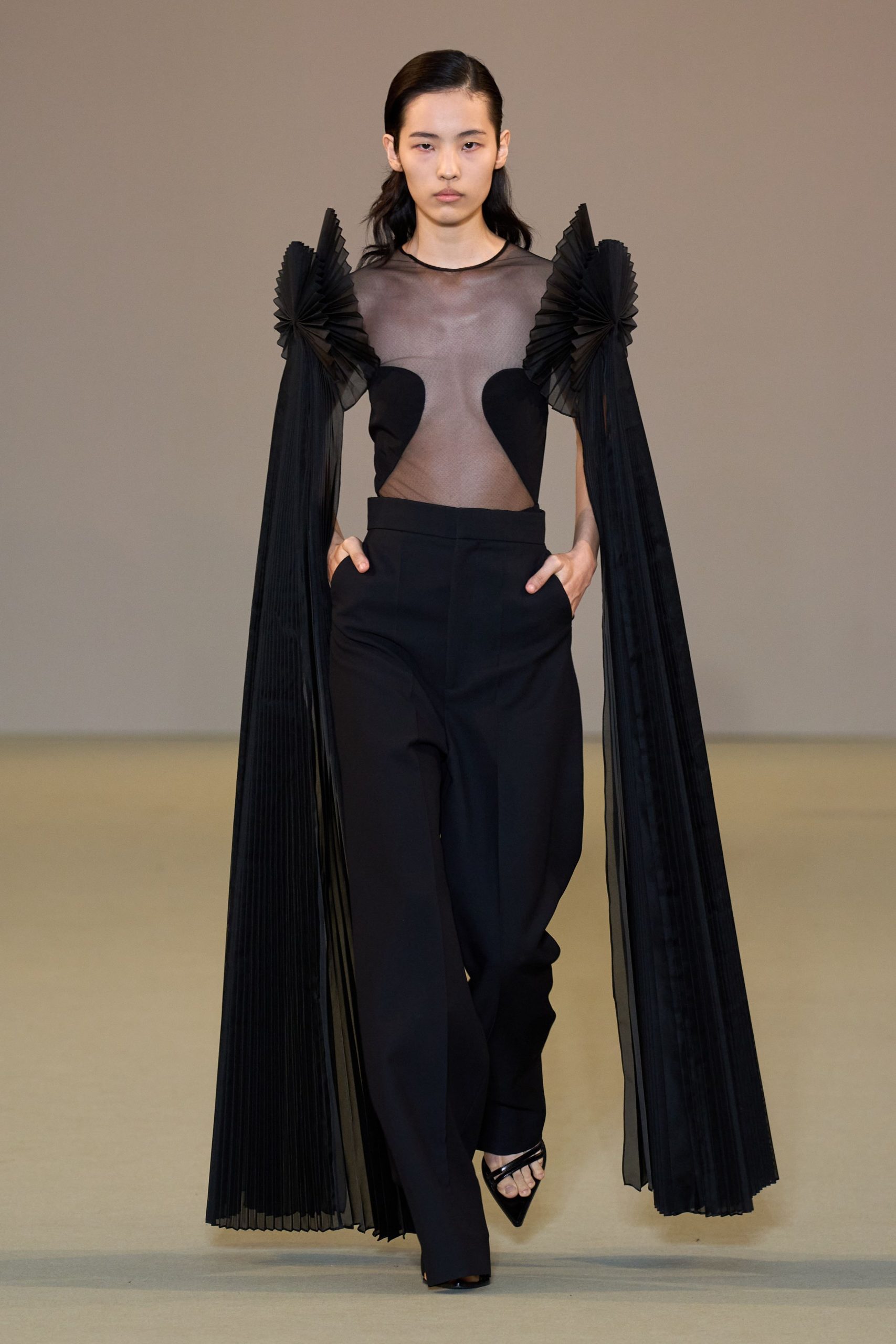 black silk sleeveless v-neck fitted pleated draped top