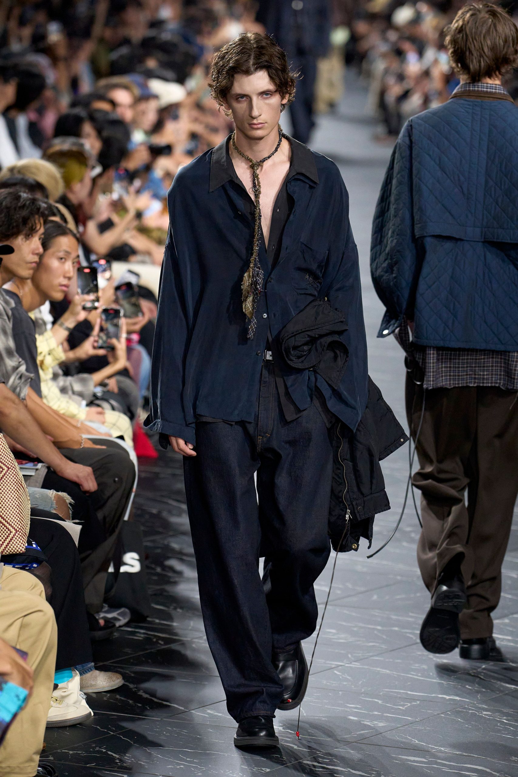 blue relaxed shirt and black pants