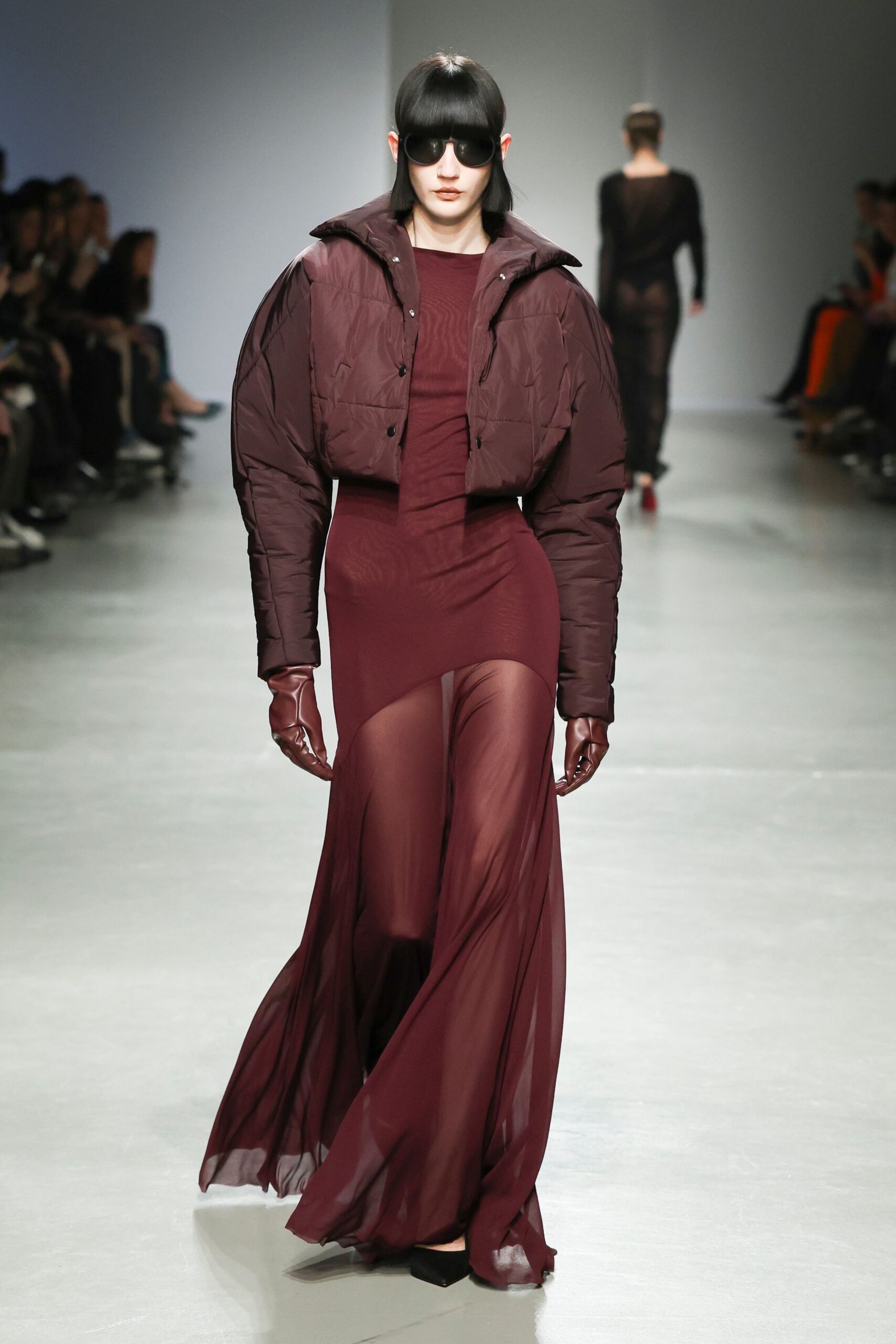 maroon silk long-sleeve v-neck fitted layered gown