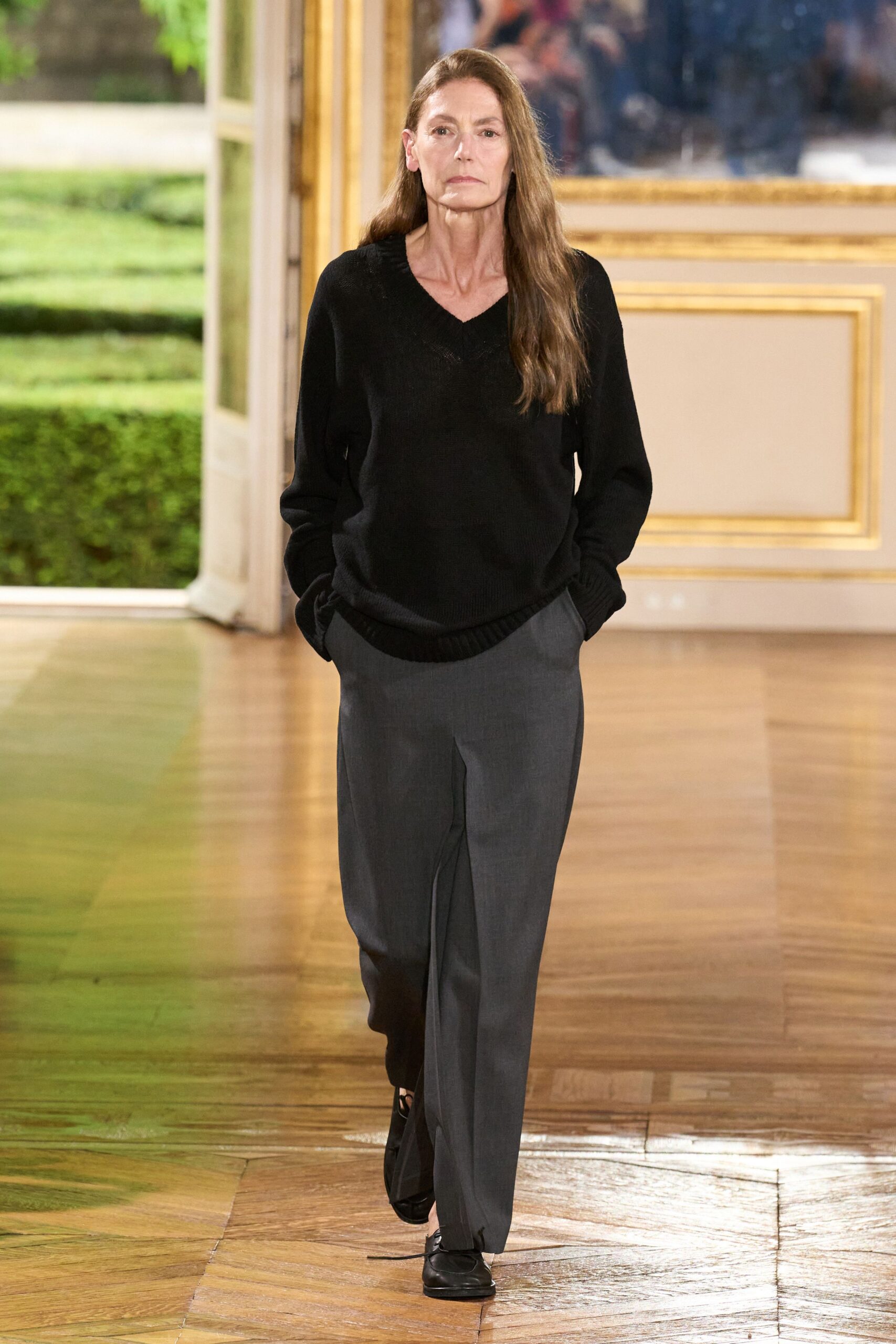 black wool sweater gray tailored pants