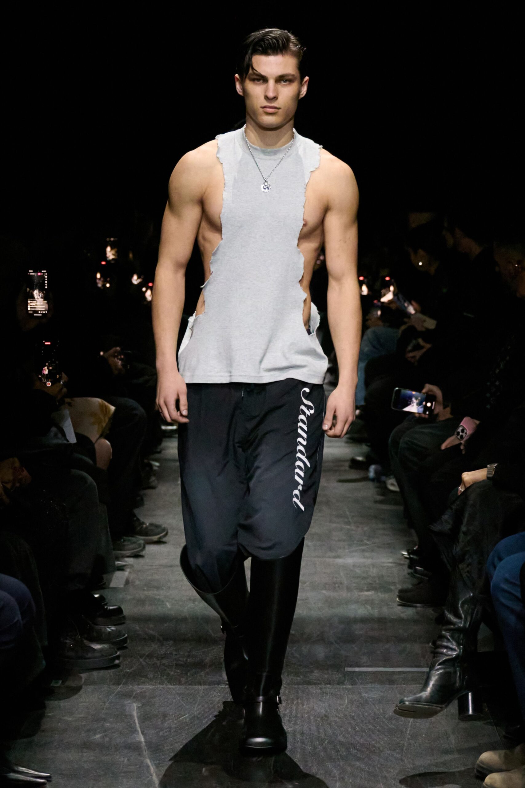 gray tank-top black pants boots
