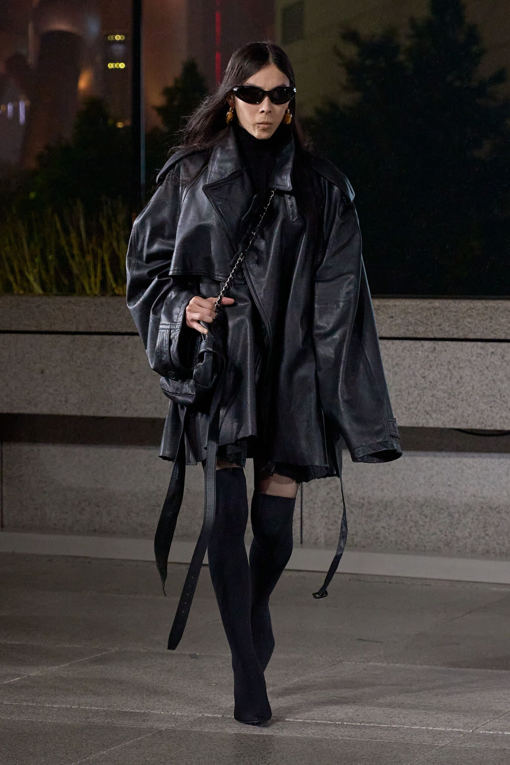 black leather long-sleeve collared oversized belted coat