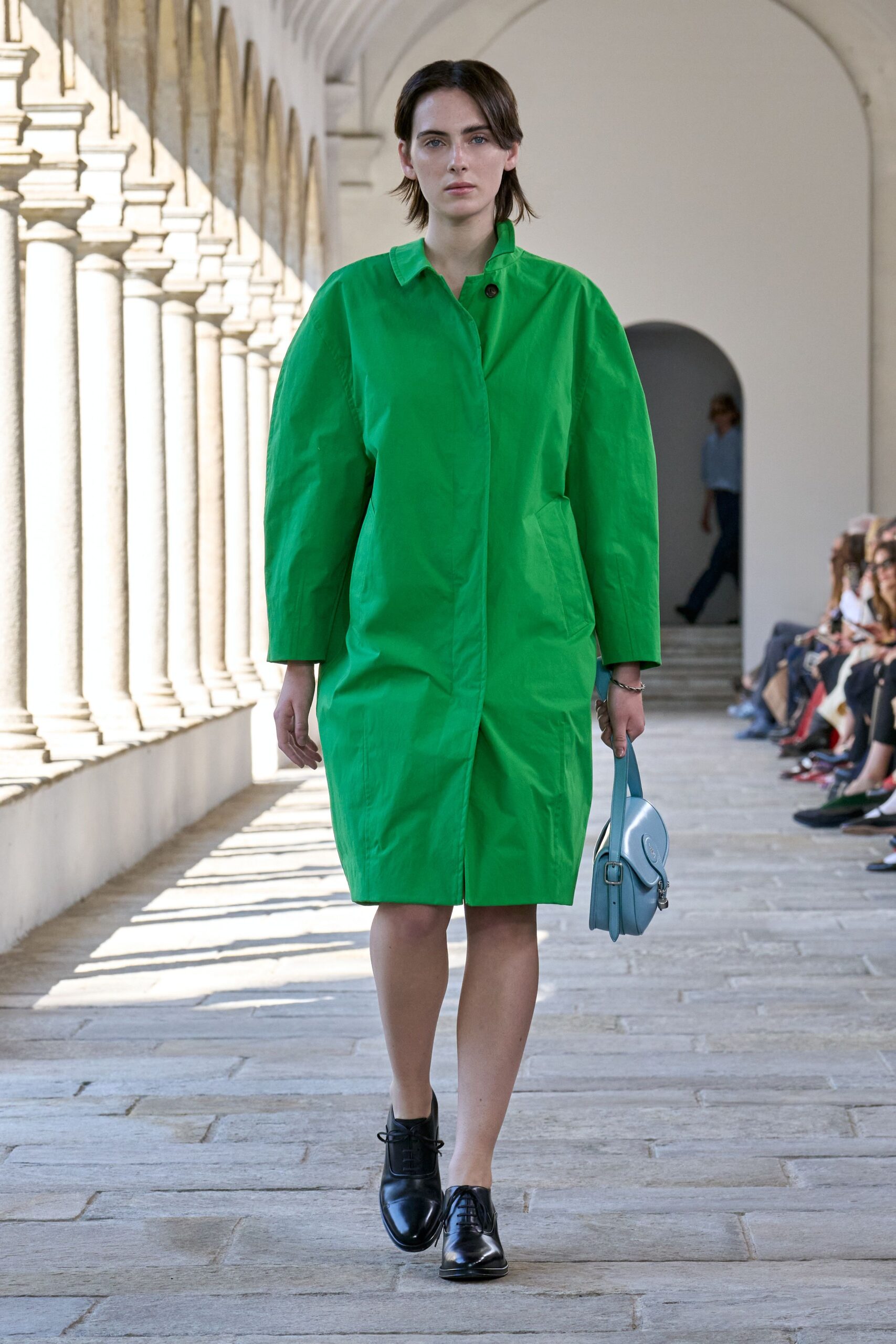 green midi dress with black shoes